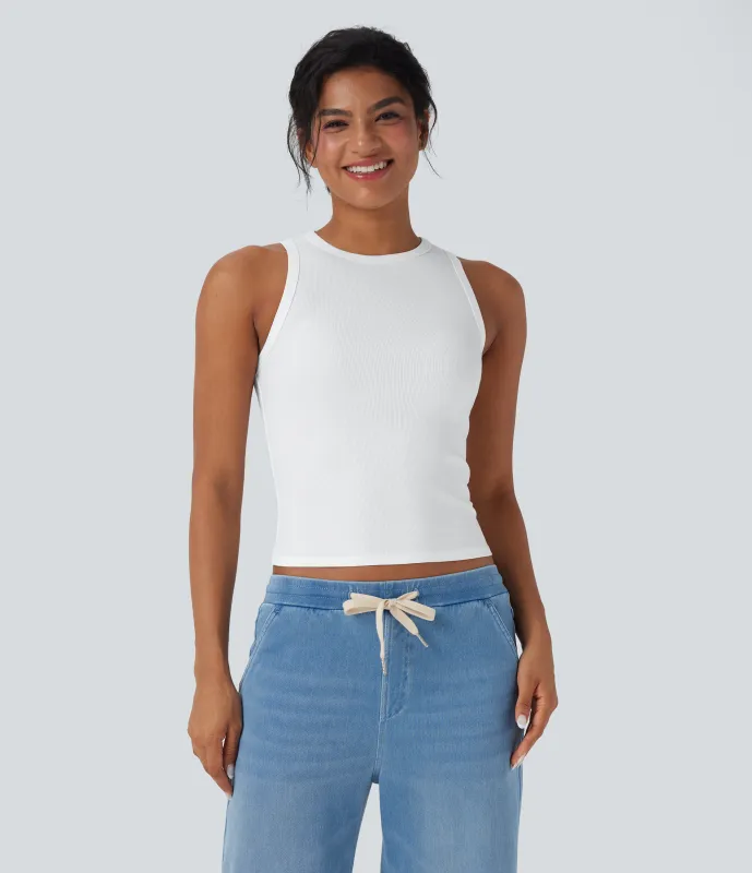 Halara Camiseta sin mangas casual ajustada con cuello redondo acanalado - White - XL sold by Halara