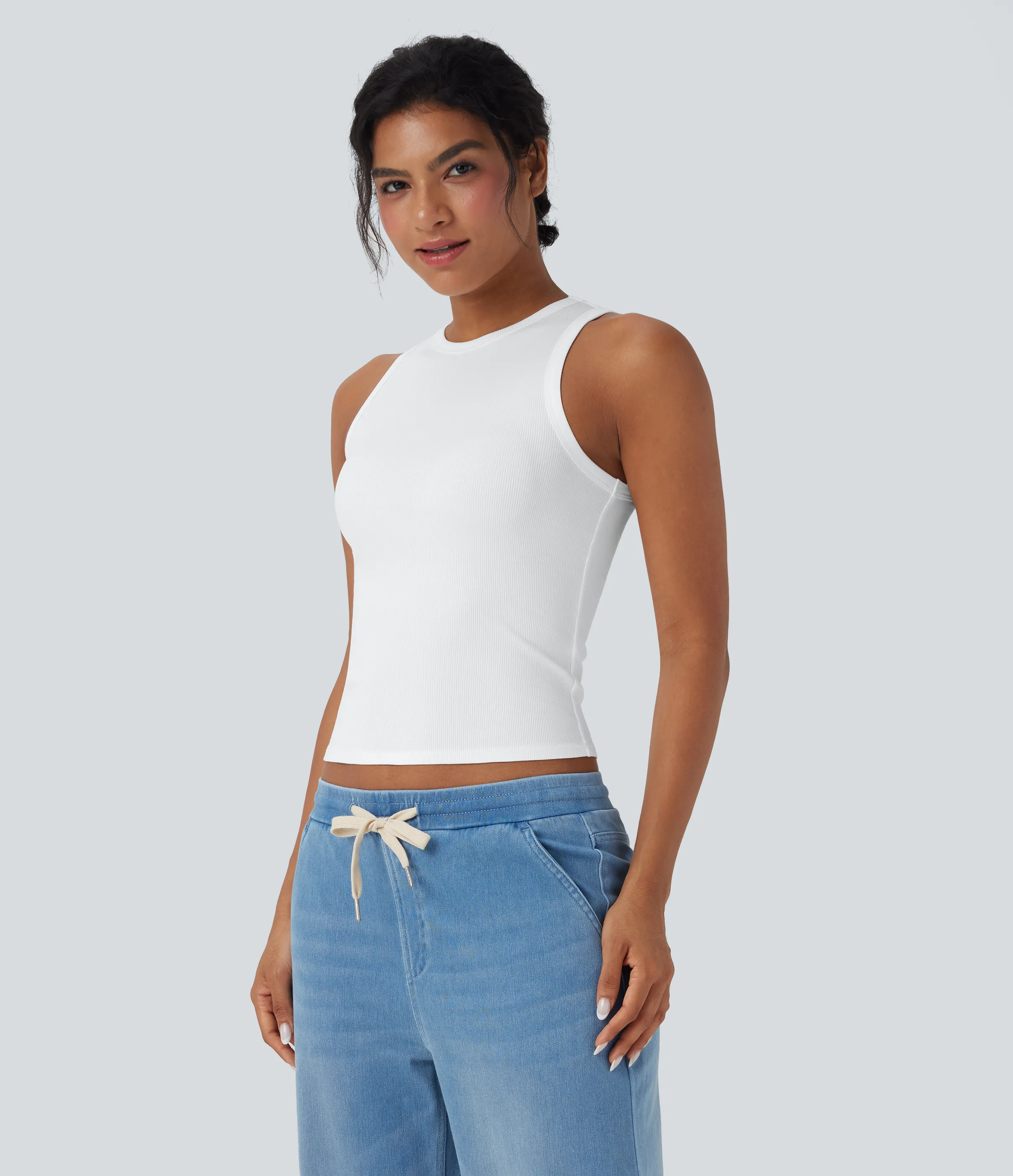 Halara Camiseta sin mangas casual ajustada con cuello redondo acanalado - White - XL sold by Halara product image thumbnail 4