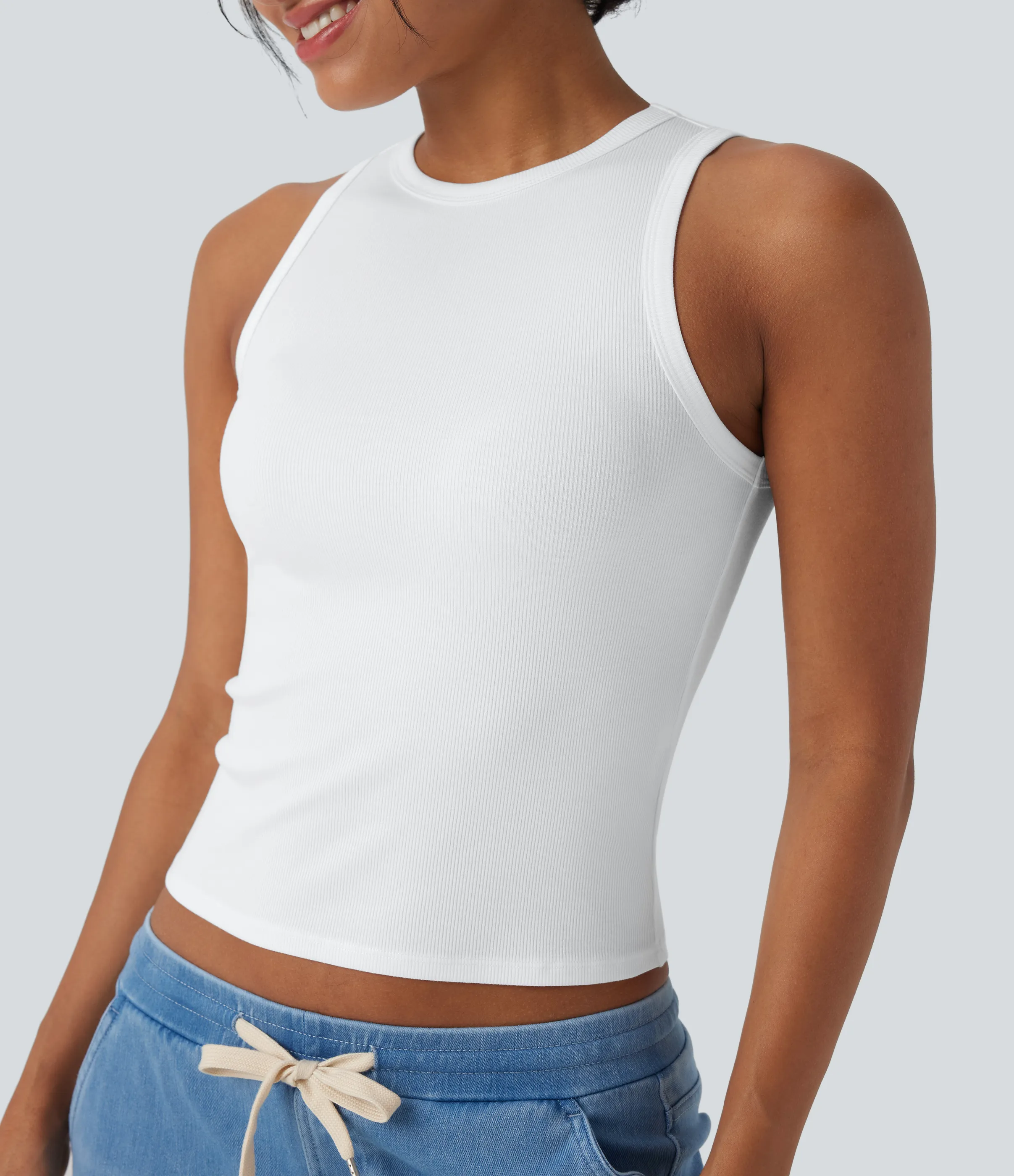 Halara Camiseta sin mangas casual ajustada con cuello redondo acanalado - White - XL sold by Halara product image thumbnail 5
