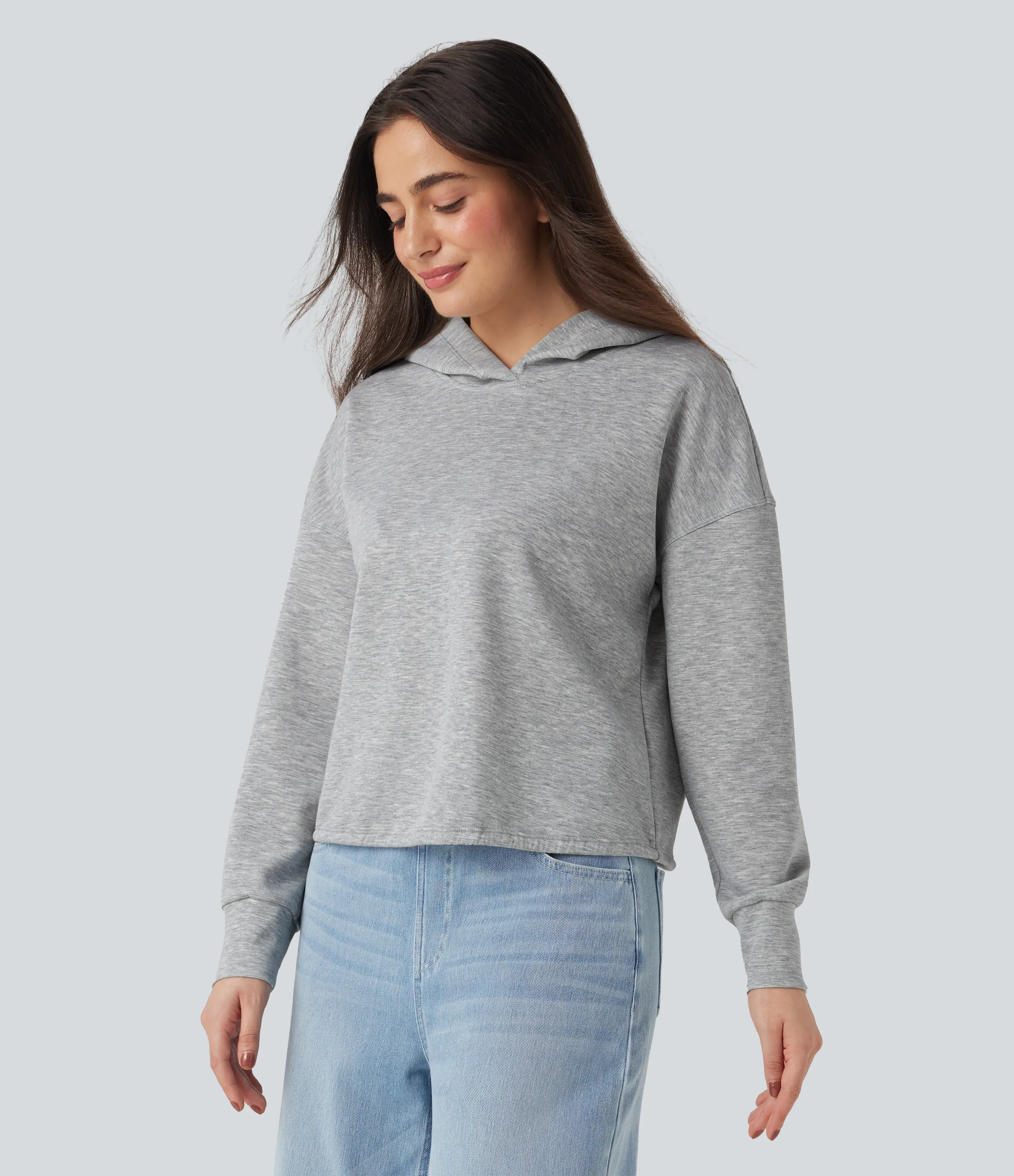 Halara Sudadera casual con capucha de manga larga con hombros caídos, abertura en la espalda y lazo - Fog Gray - L sold by Halara product image thumbnail 4