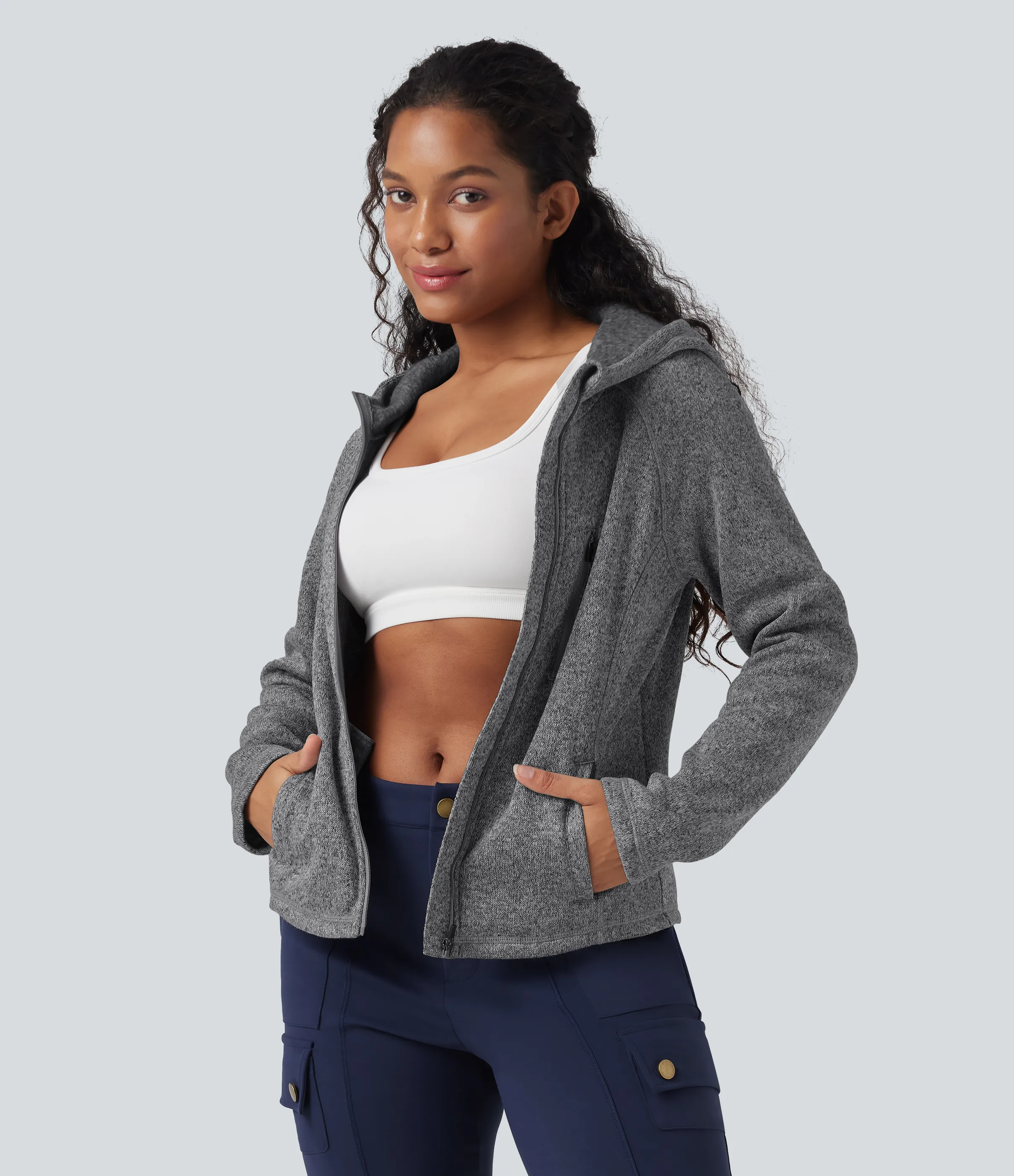 Halara Chamarra polar para senderismo de manga larga con capucha y bolsillos - Oat Marl - XS sold by Halara product image thumbnail 4