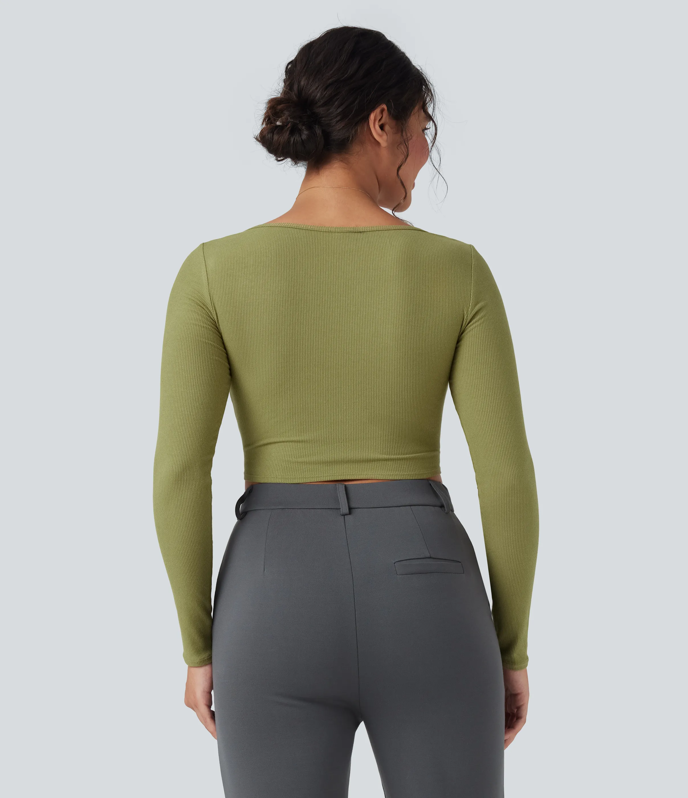 Halara Camiseta de oficina de punto acanalado con cuello cuadrado de manga larga y dobladillo curvo - Green Olive - M sold by Halara product image thumbnail 3