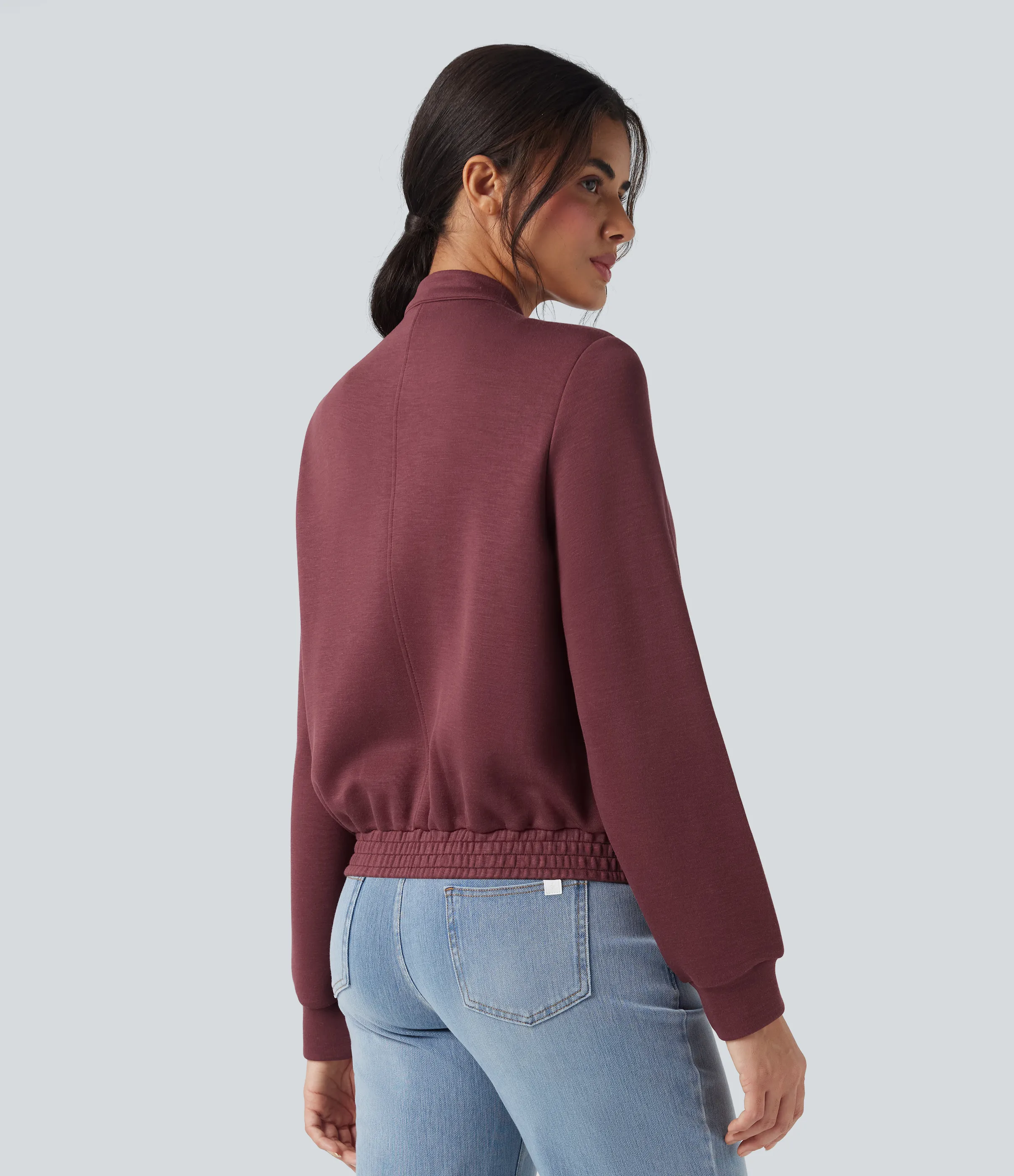 Halara Chamarra bomber casual de manga larga con cuello redondo y bolsillos - Oxblood Red - XL sold by Halara product image thumbnail 3