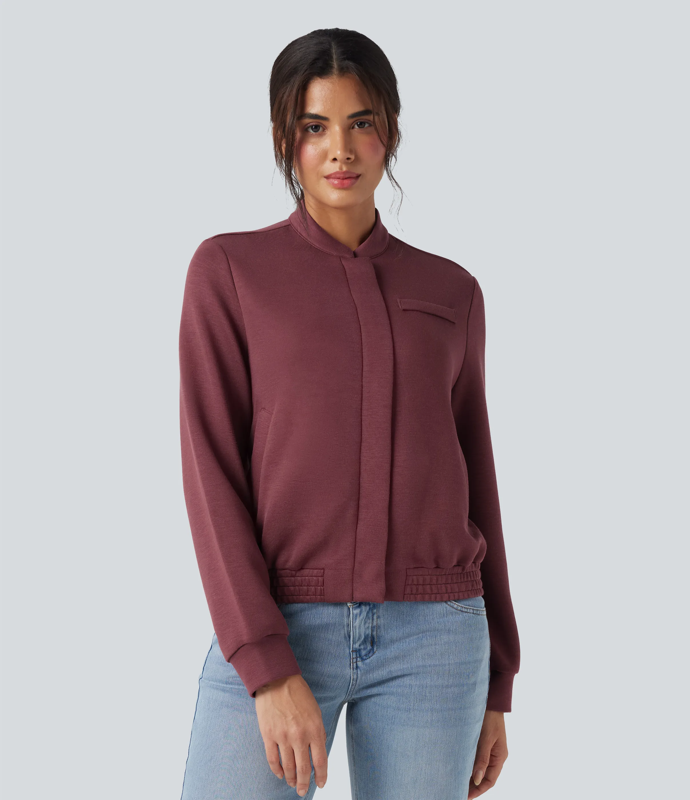 Halara Chamarra bomber casual de manga larga con cuello redondo y bolsillos - Oxblood Red - XL sold by Halara product image thumbnail 4