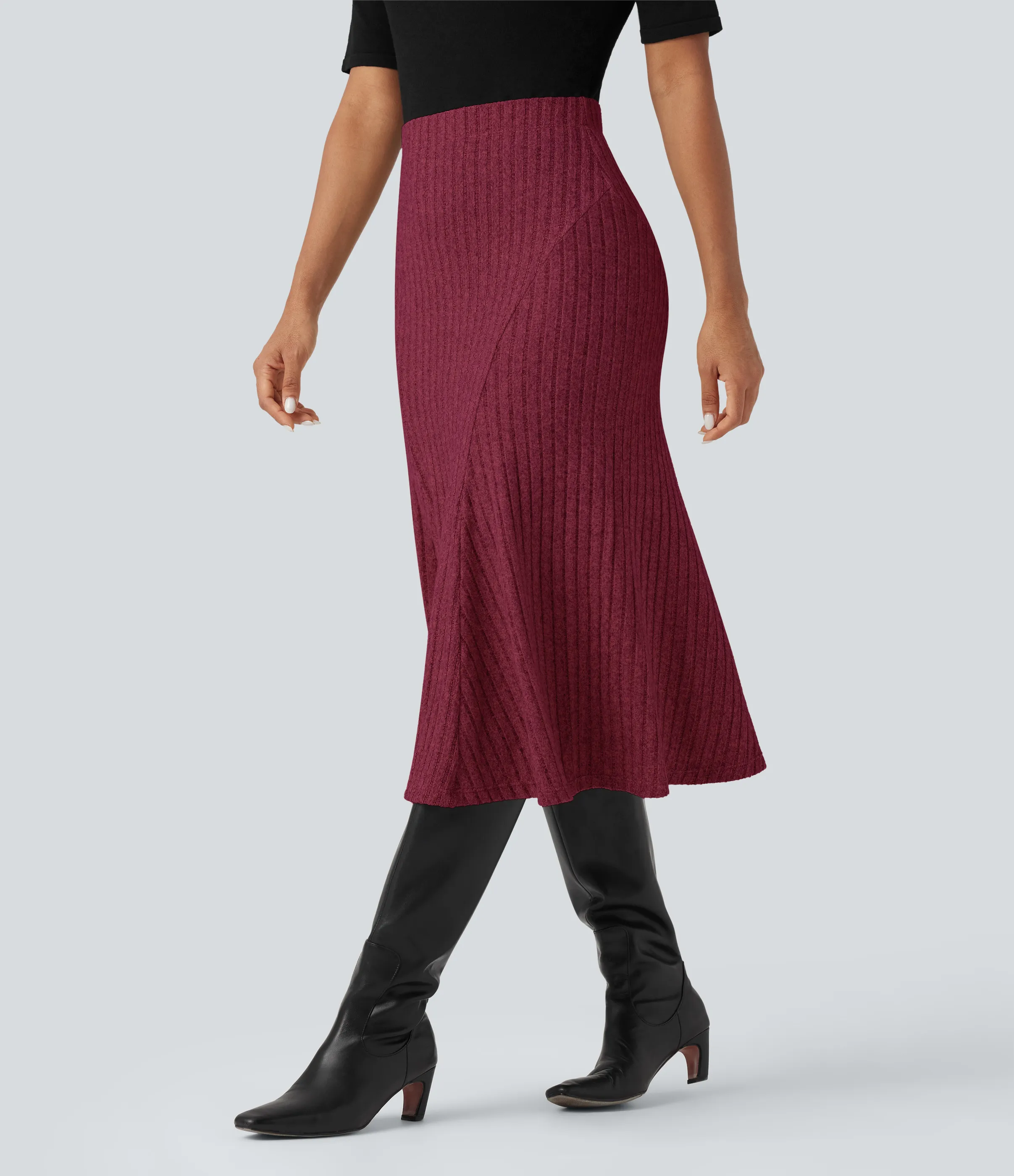 Halara Falda midi casual de tiro alto con corte A y punto acanalado - Wine Red Floral Yarn - L(regular) sold by Halara product image thumbnail 4