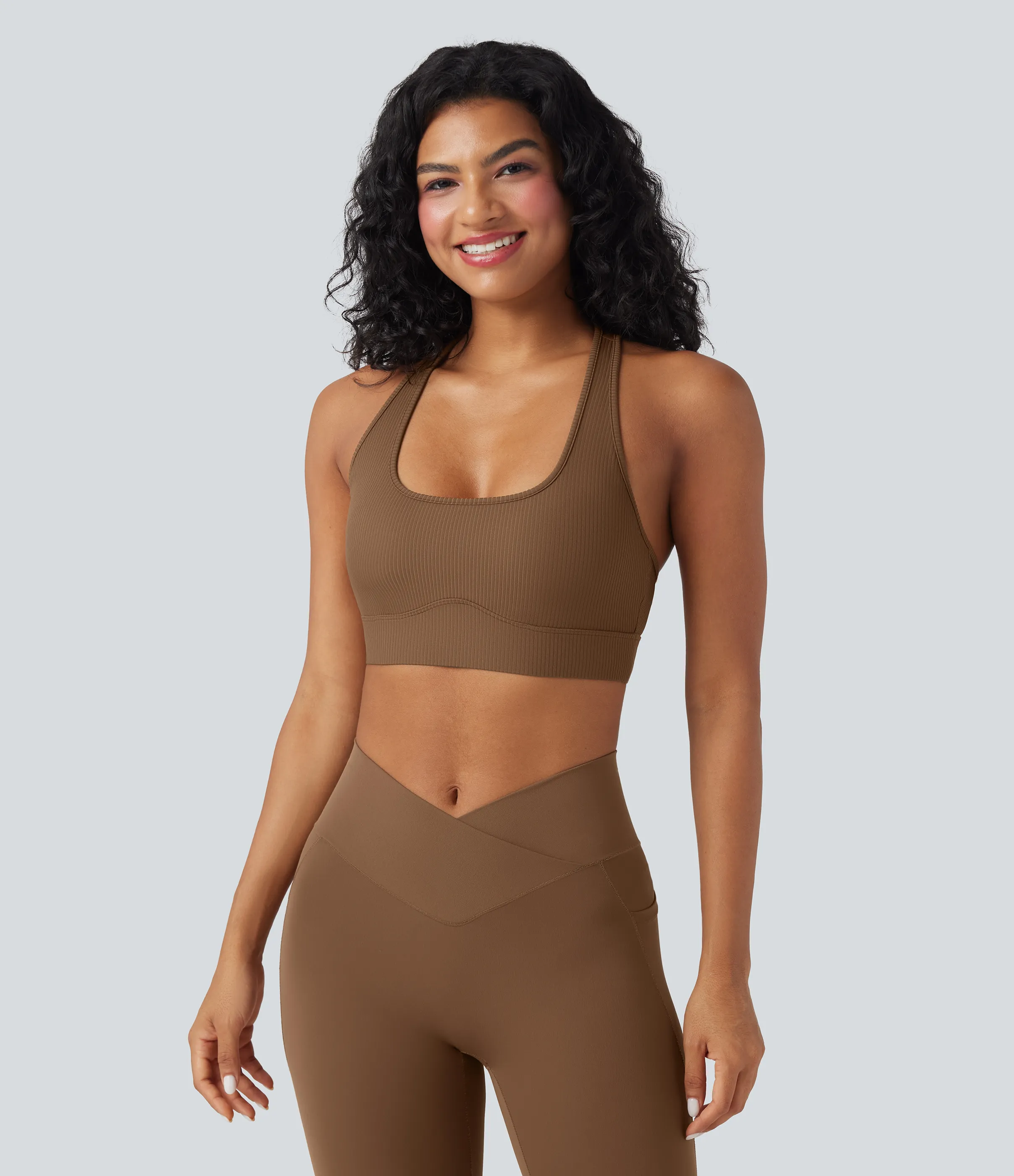 Halara Sujetador deportivo de yoga de punto acanalado con soporte ligero, escote en U y espalda cut-out - Bison - XS sold by Halara product image thumbnail 3
