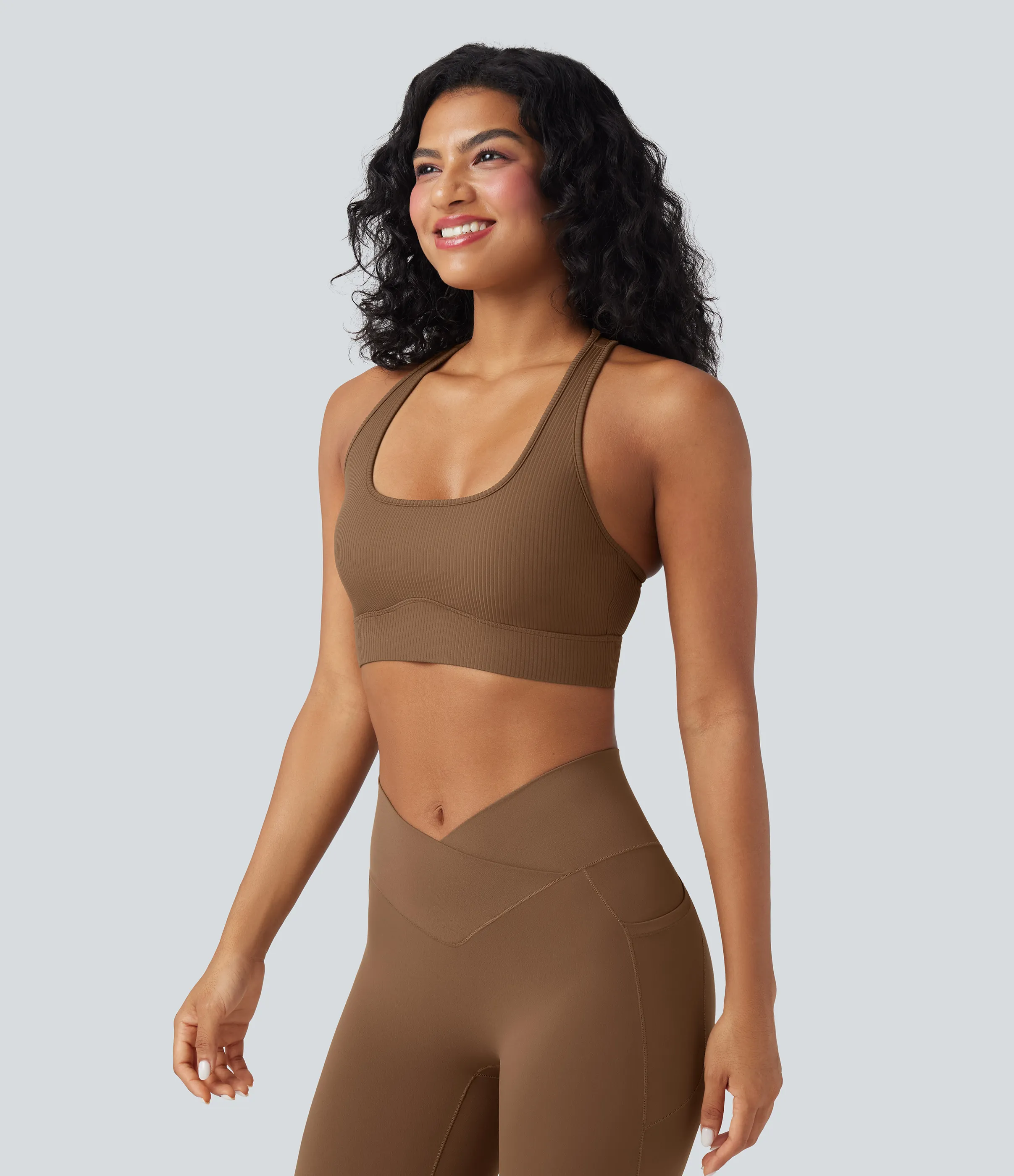 Halara Sujetador deportivo de yoga de punto acanalado con soporte ligero, escote en U y espalda cut-out - Bison - XS sold by Halara product image thumbnail 4