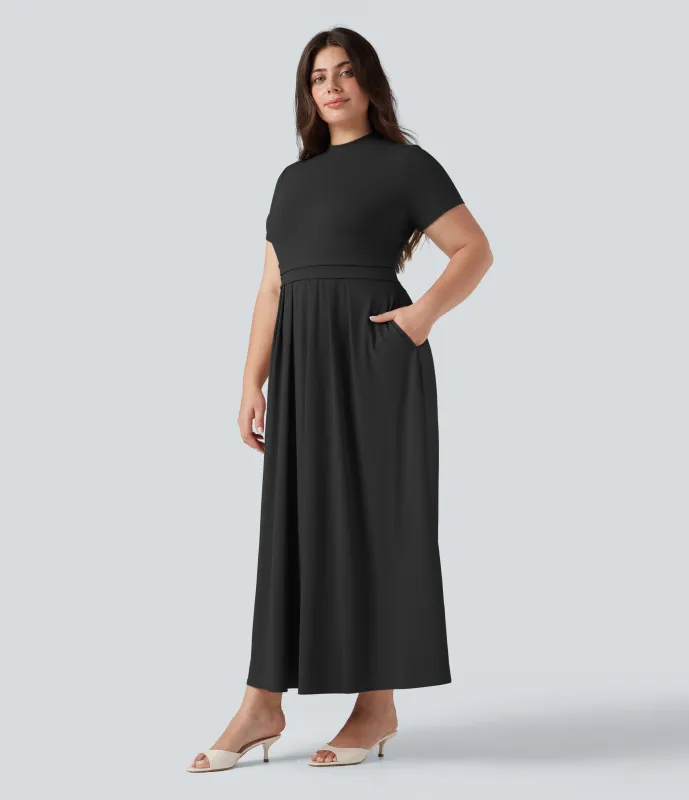 Halara Vestido maxi casual acampanado de manga corta con cuello alto y bolsillos en talla grande - Black - 3X sold by Halara