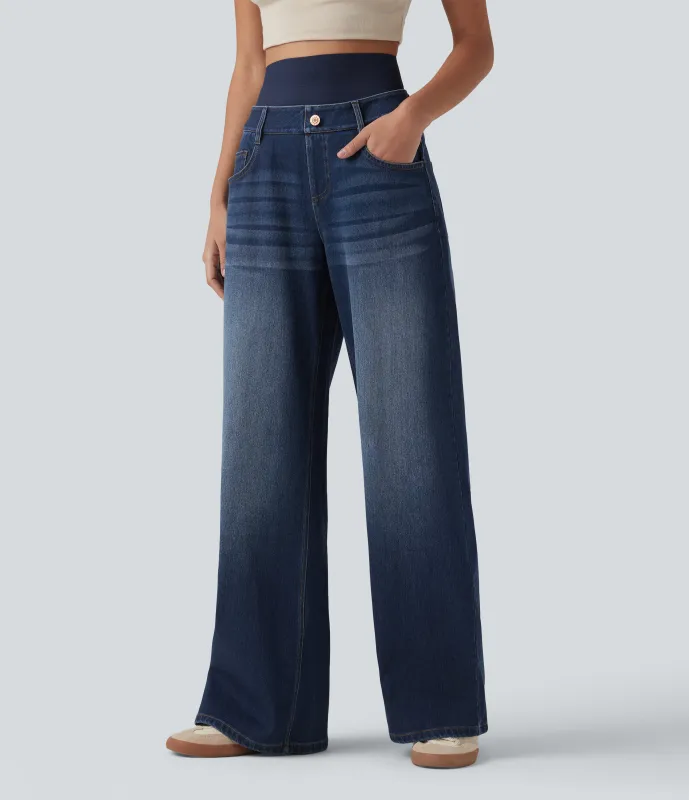 Halara Jeans casuales anchos Halara Flex™ lavados de tiro alto con control de abdomen con bolsillos  - Pageant Blue Denim - XS(regular) sold by Halara