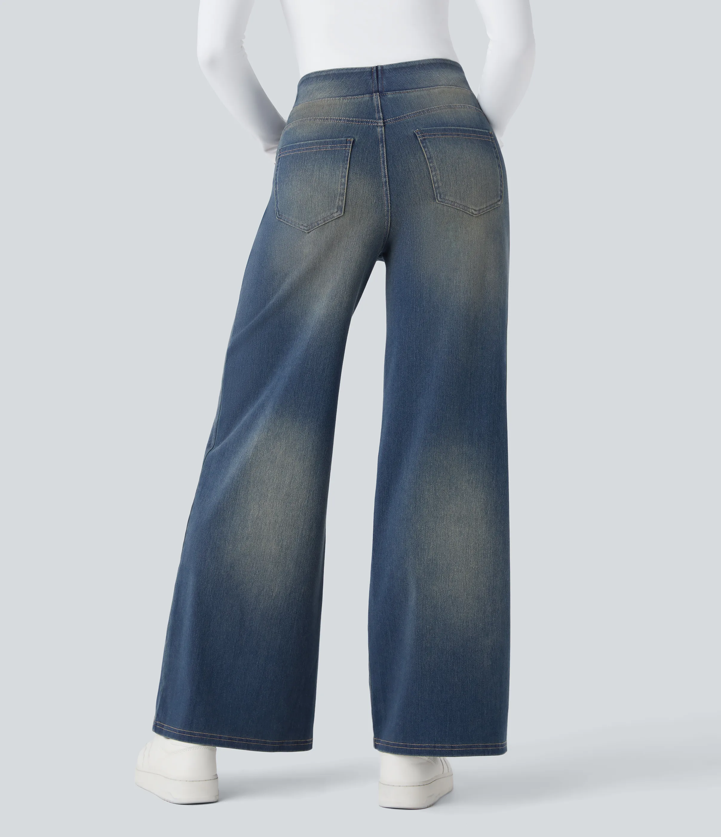 Halara Jeans Baggy Halara Flex™ Denim elástico lavado múltiple bolsillo tiro alto pierna ancha - Cement Blue Denim - S(petite) sold by Halara product image thumbnail 3
