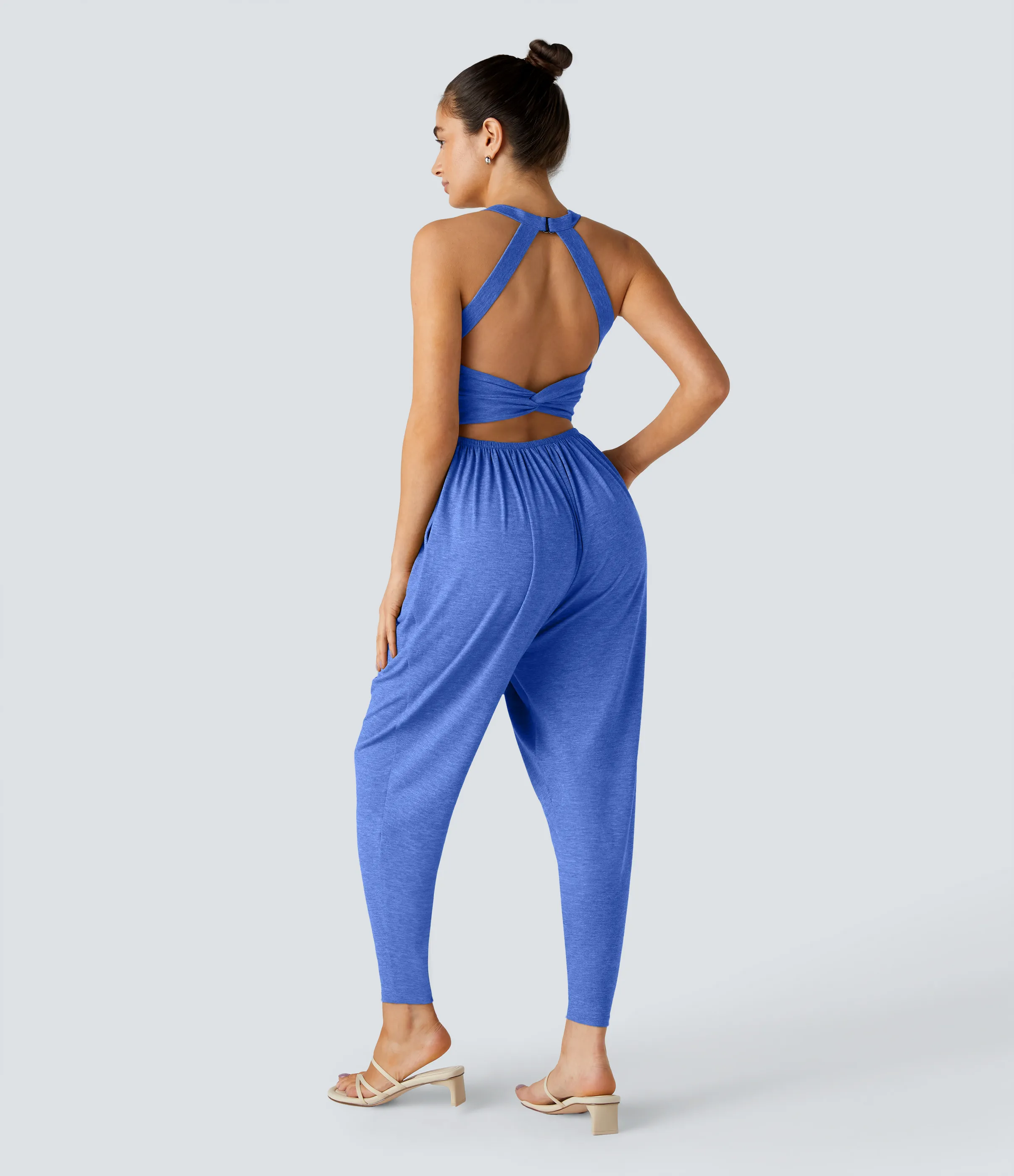 Halara Mono harén bolsillo lateral cuello U torcido sin espalda - Sky Blue Floral Yarn - L(regular) sold by Halara product image thumbnail 2