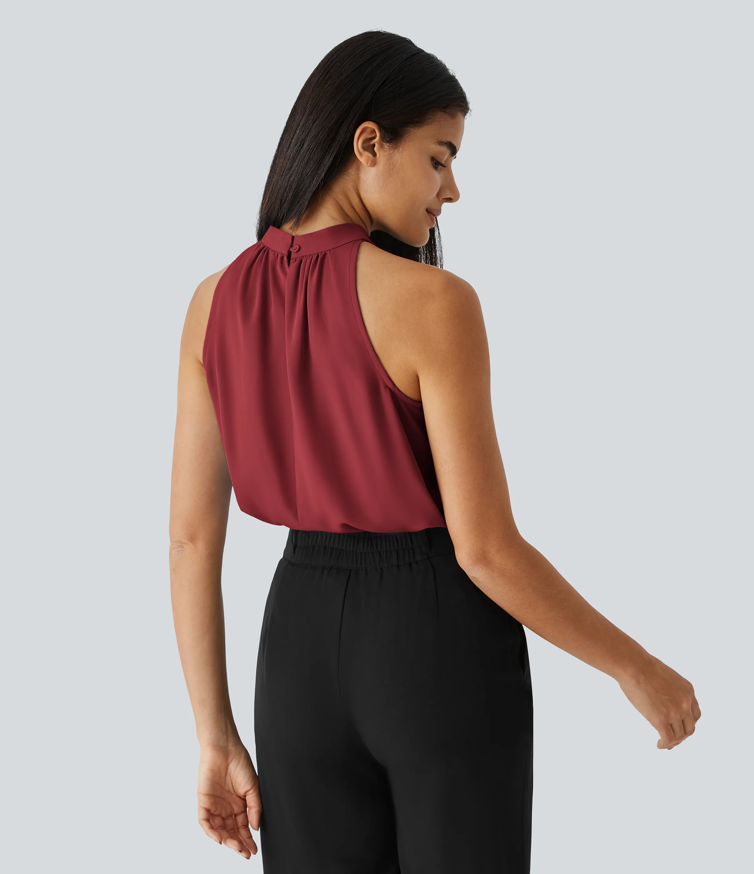 Halara Blusa oficina dobladillo curvado sin manga plisada abertura espalda halter - Plum Bossom Red - S sold by Halara product image thumbnail 3