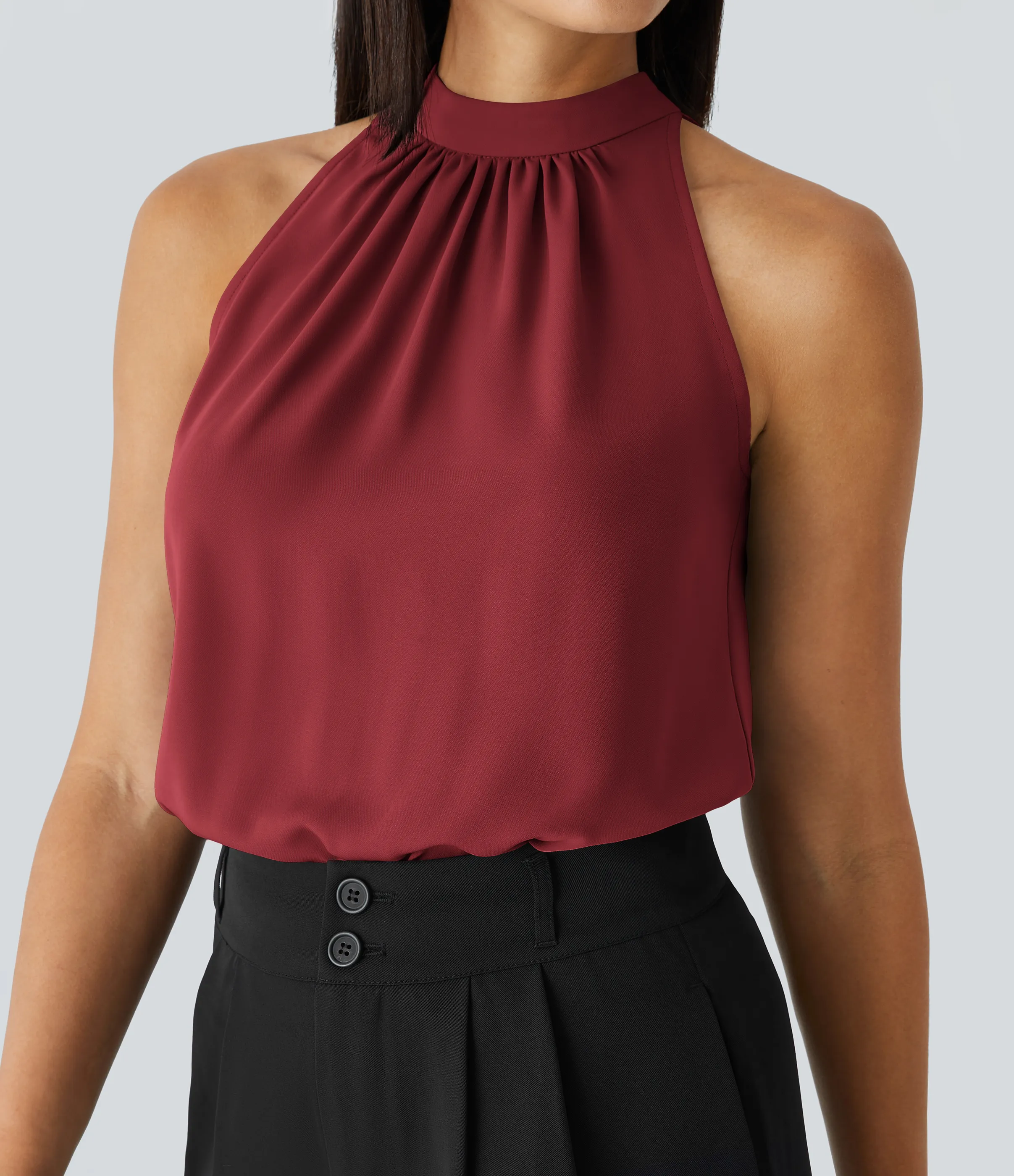 Halara Blusa oficina dobladillo curvado sin manga plisada abertura espalda halter - Plum Bossom Red - S sold by Halara product image thumbnail 5