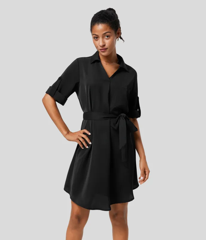 Halara Vestido camisero oficina midi cinturón manga enrollada cuello - Black - S sold by Halara