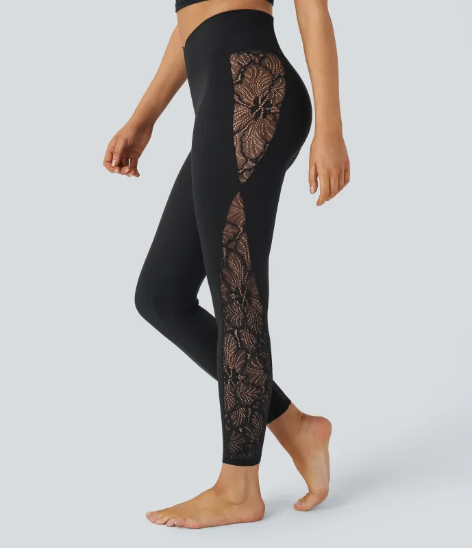 Halara Leggings Softlyzero™ yoga tiro alto encaje contrastante bolsillo trasero cruzado 7/8 pulgada - UPF50+ - Black - L(full_length) made by Halara