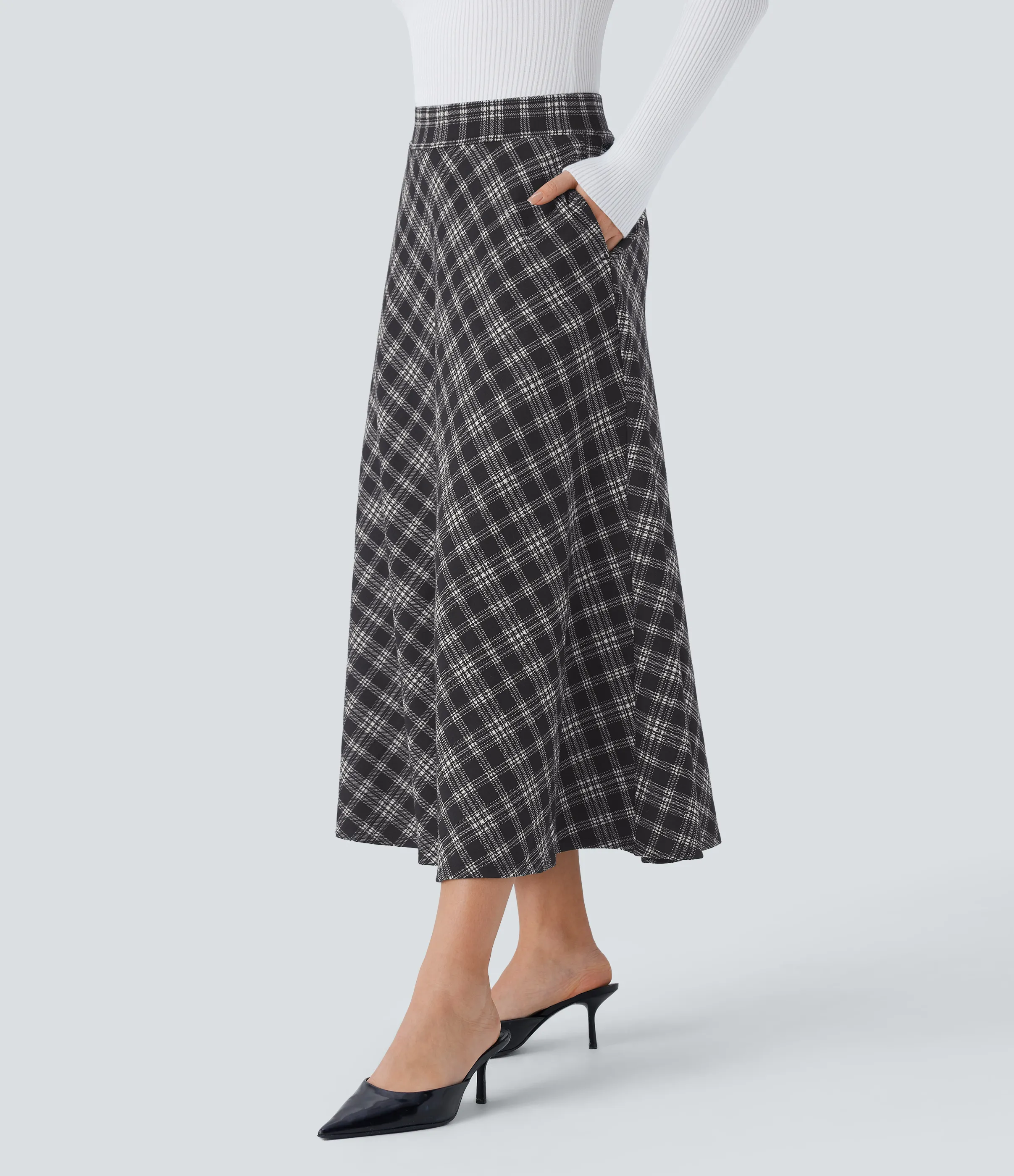 Halara Falda midi acampanada cuadro pata gallo bolsillo lateral tiro alto - Black Tartan Plaid - XS(regular) sold by Halara product image thumbnail 4