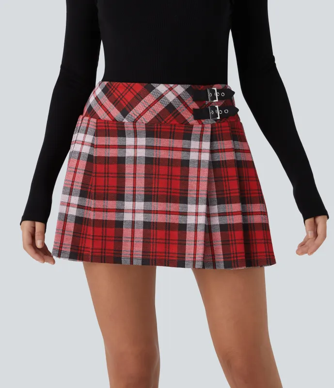 Halara Minifalda plisada cuadro 2 en 1 hebilla decorativa tiro alto - Light Red Plaid - M(regular) made by Halara
