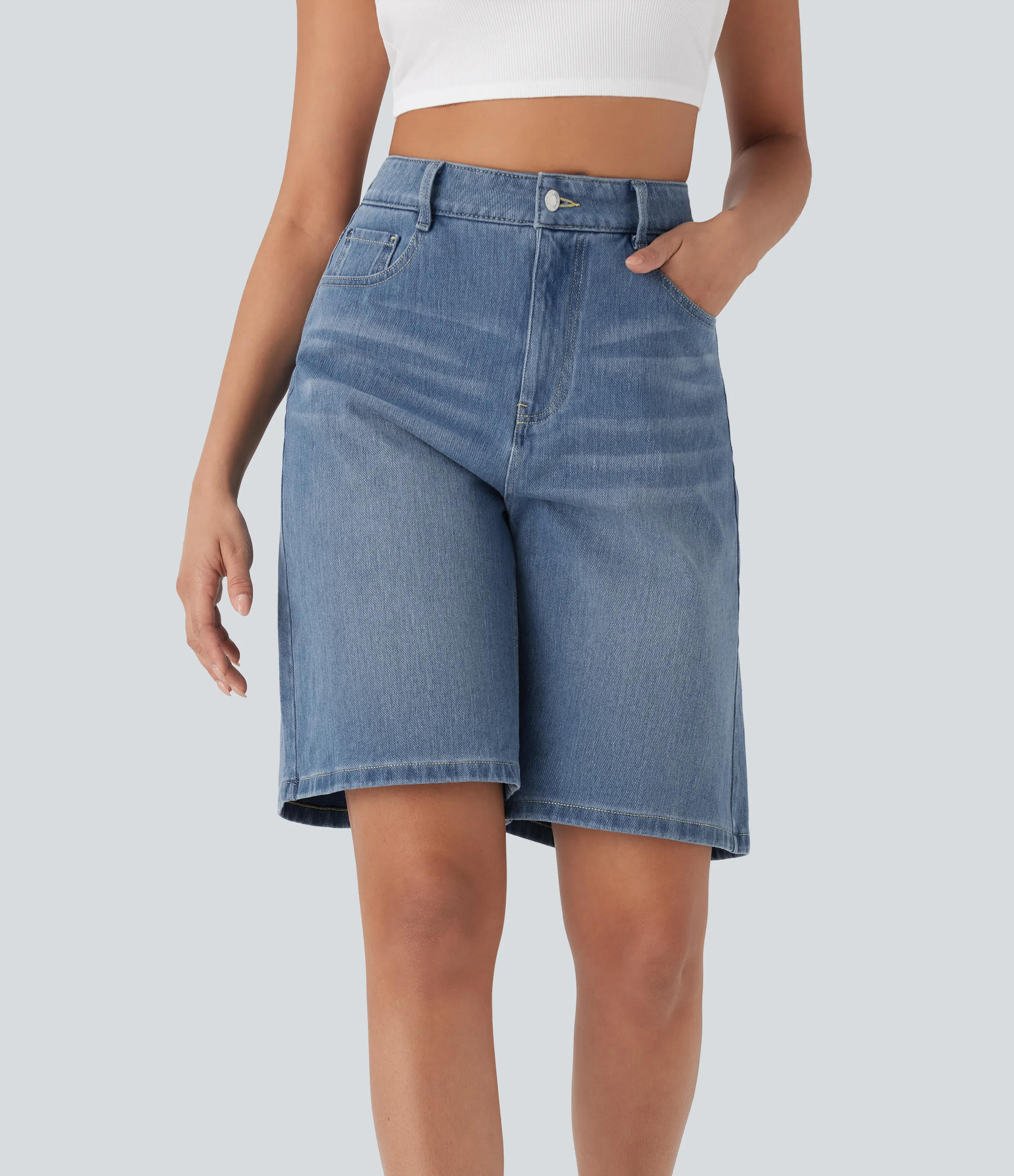 Halara Bermudas Halara Flex™ Denim mezclilla elástico lavado múltiple bolsillo tiro alto - Mid Blue Denim - XS(regular) sold by Halara product image thumbnail 3
