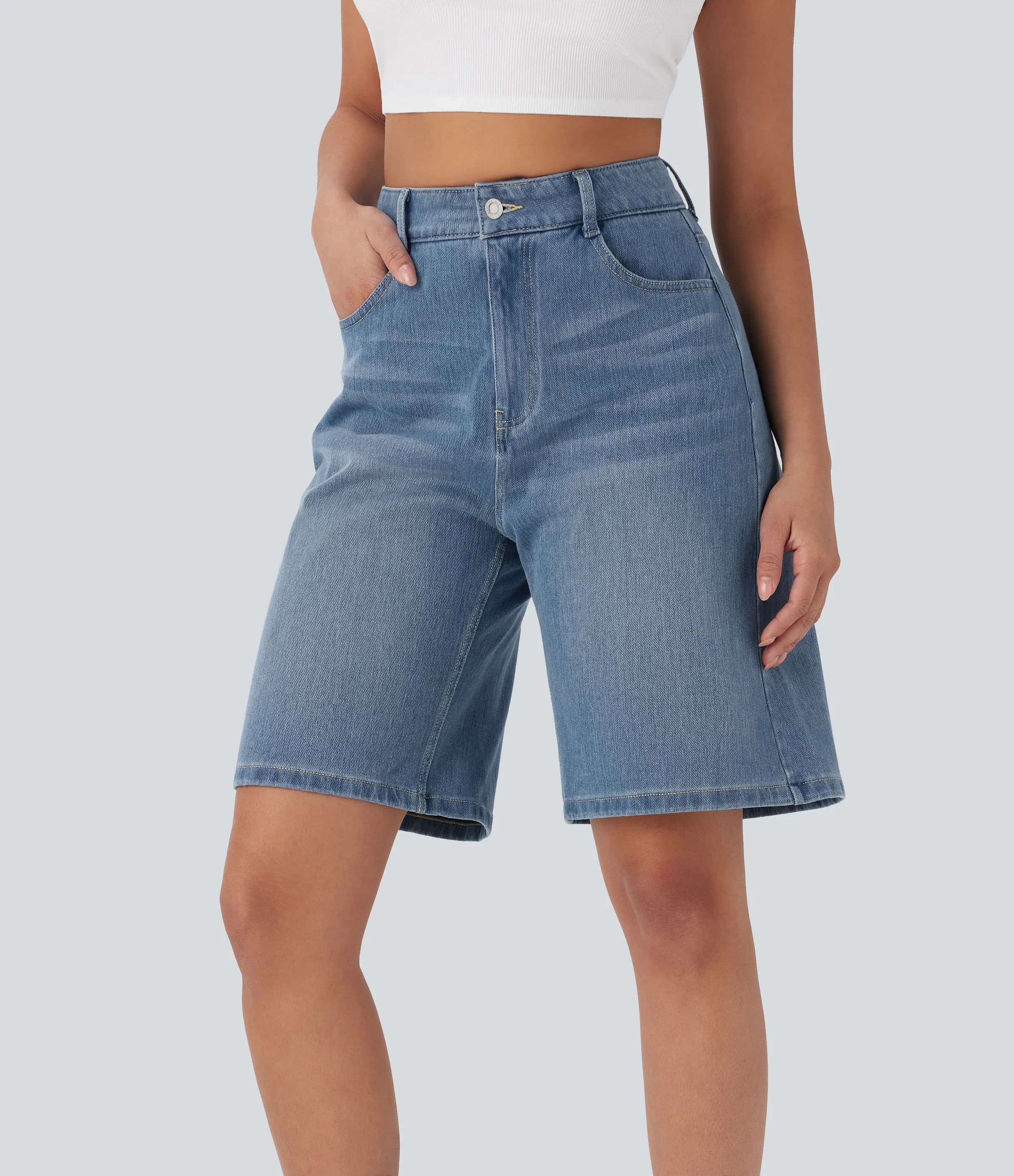 Halara Bermudas Halara Flex™ Denim mezclilla elástico lavado múltiple bolsillo tiro alto - Mid Blue Denim - XS(regular) sold by Halara product image thumbnail 4