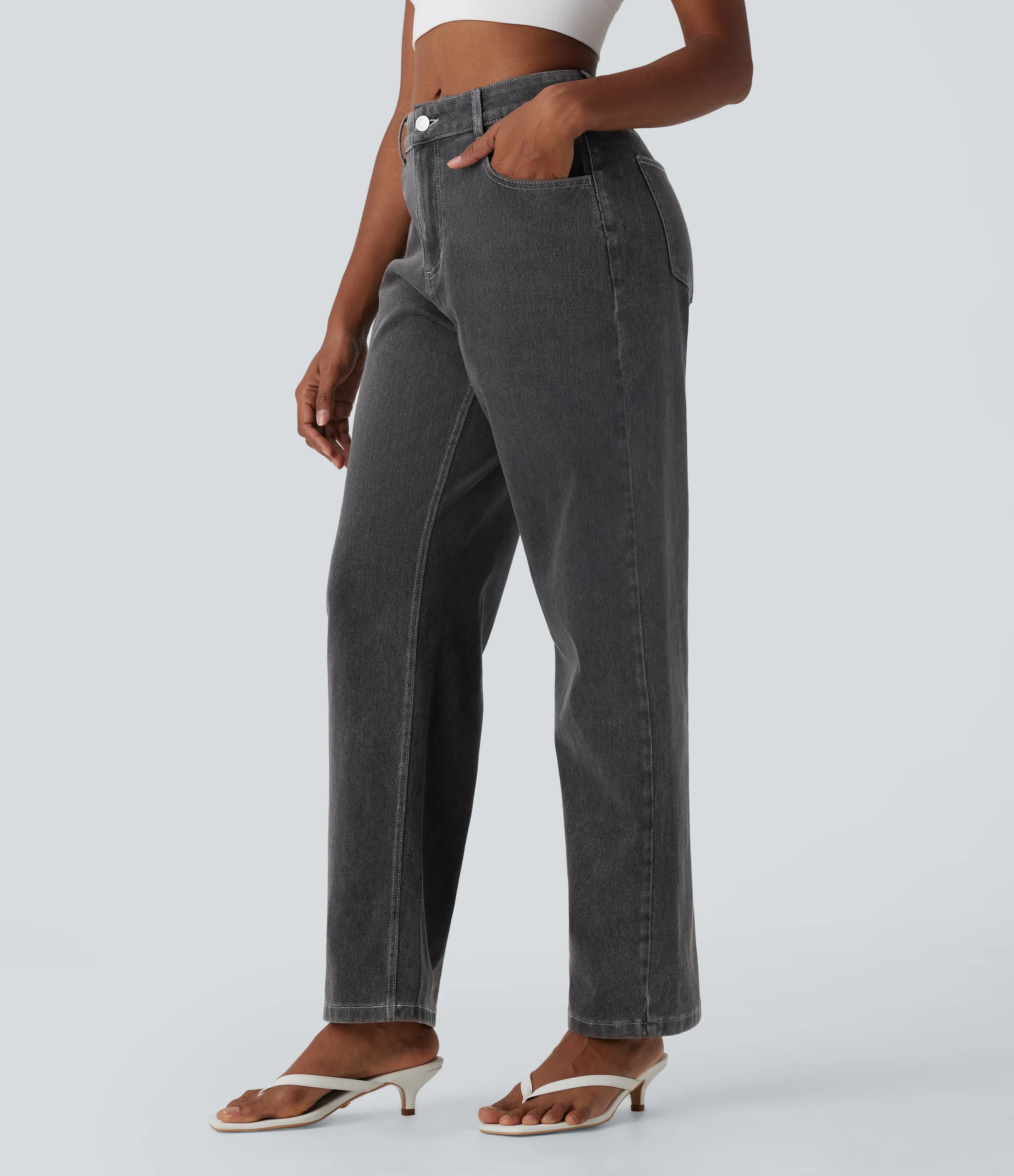 Halara Jeans Halara Flex™ Denim Baggy holgados elásticos desgastados de tiro medio con bolsillos - Phantom Denim - L(regular) sold by Halara product image thumbnail 4