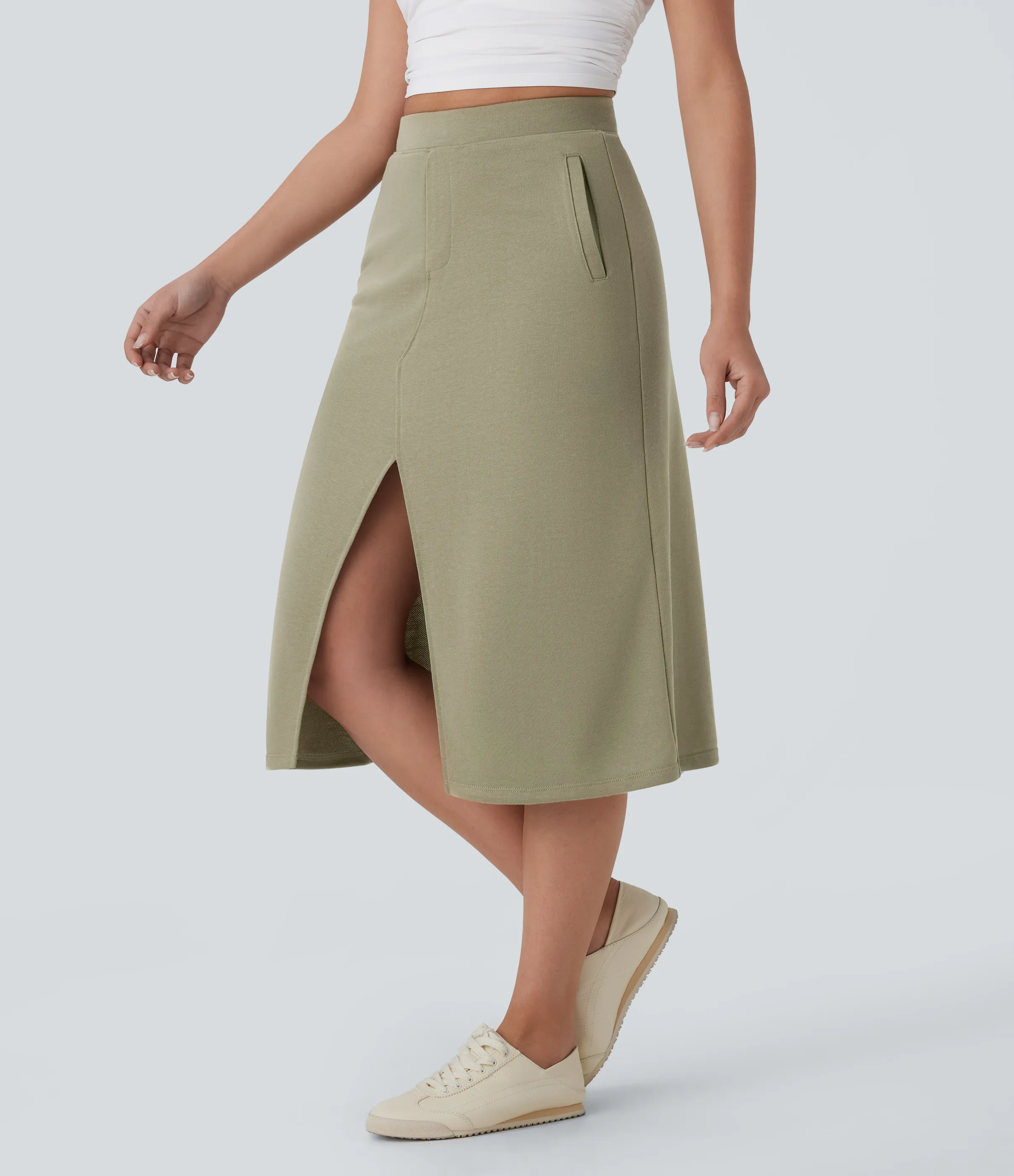 Halara Falda midi casual de tiro alto con abertura y bolsillos laterales - Earthy Yellow - L(regular) sold by Halara