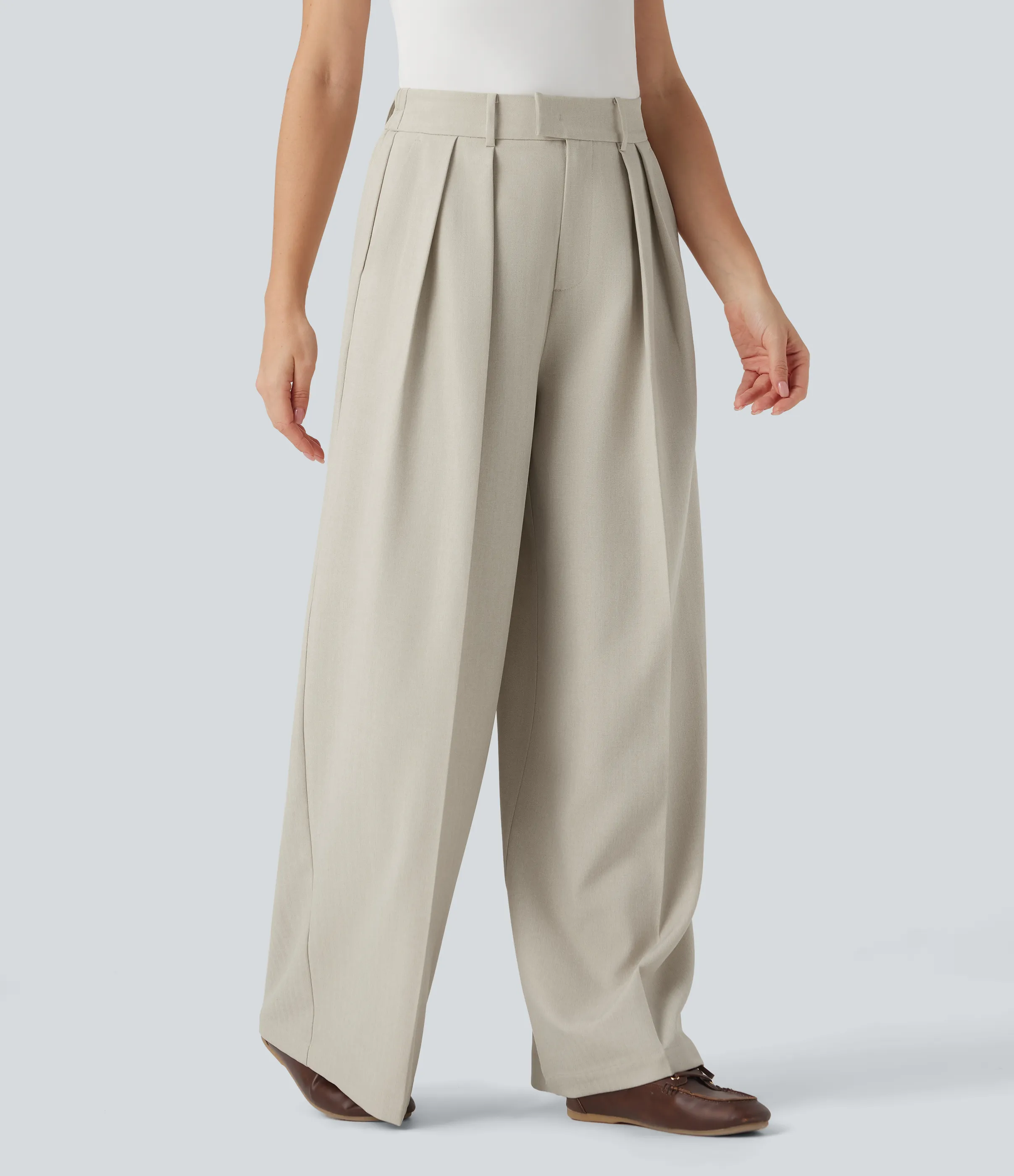 Halara Pantalones de oficina anchos antiarrugas de lino con tiro alto y bolsillos - Warm Sandstone - XL(regular) sold by Halara product image thumbnail 4