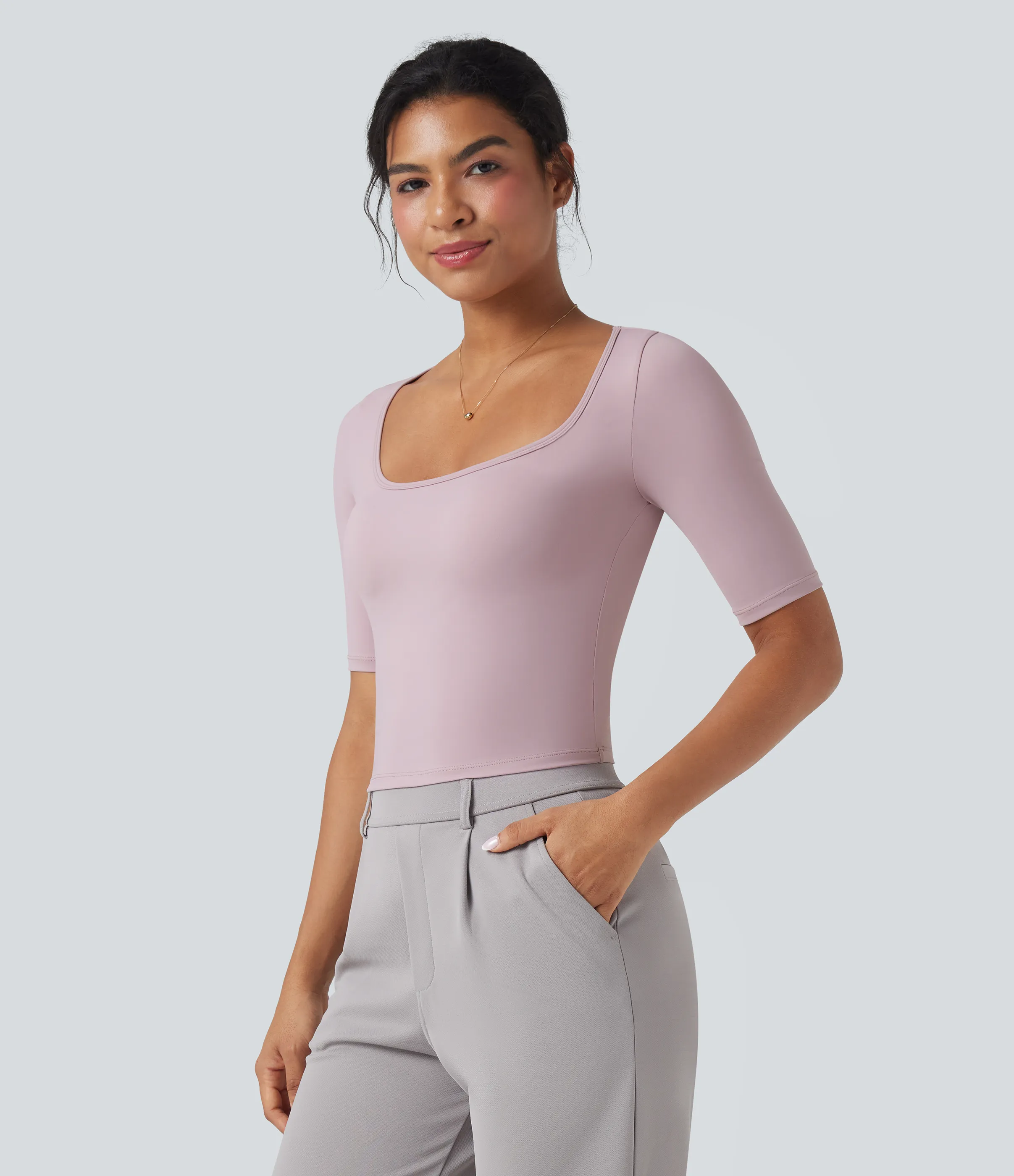 Halara Camiseta de oficina SoftlyZero™ de manga corta con cuello redondo y tacto fresco - Pink Purple - S sold by Halara product image thumbnail 4