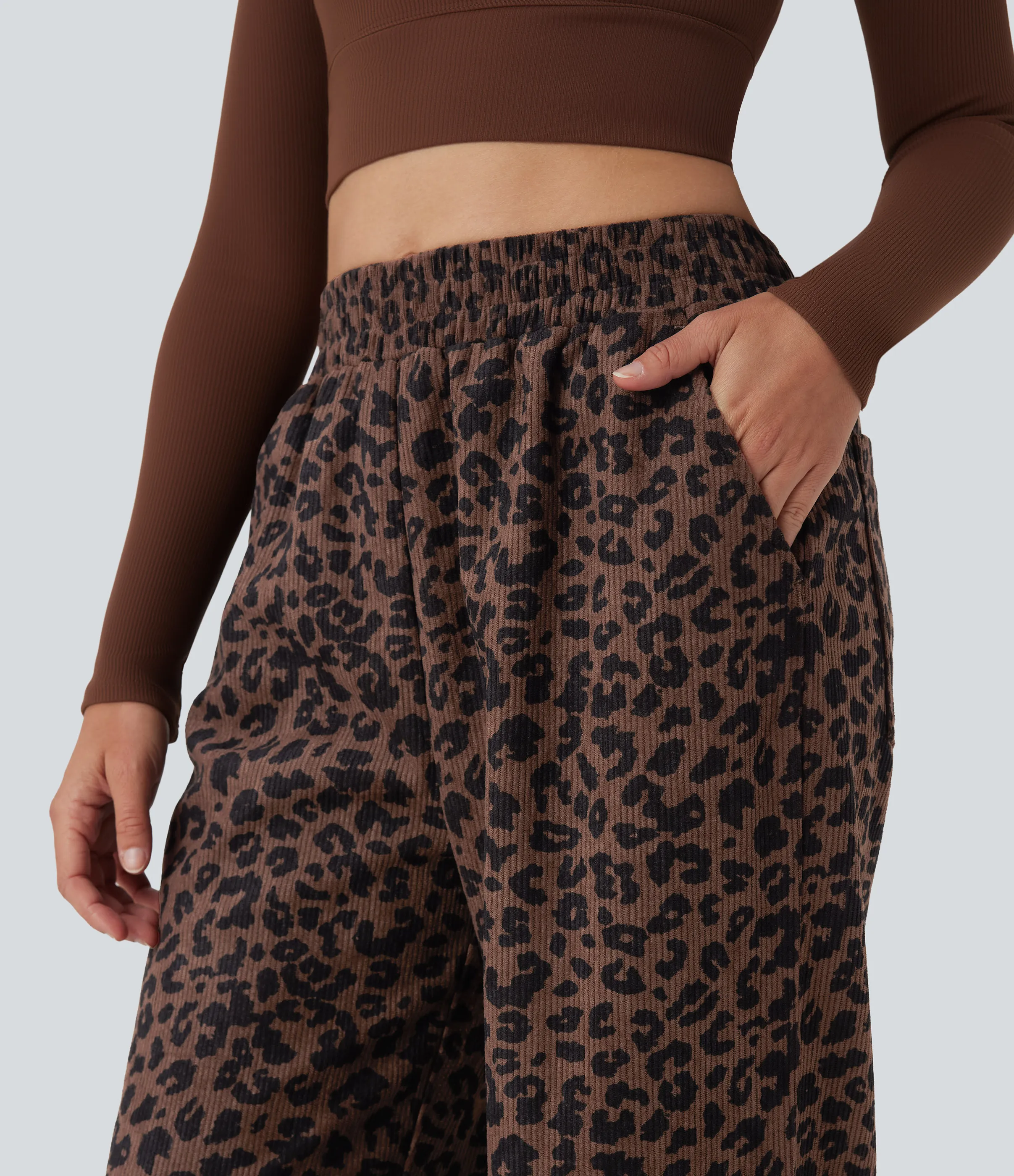 Halara Pantalones holgados casuales de pana con estampado de leopardo y tiro alto con bolsillos - Black Coffee Leopard Print - M(tall) sold by Halara product image thumbnail 5