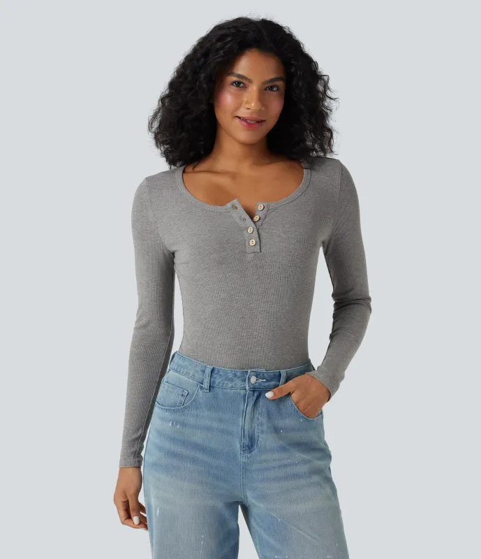 Halara Top casual ajustado de manga larga con cuello henley de punto acanalado - Gray White Mix - L sold by Halara