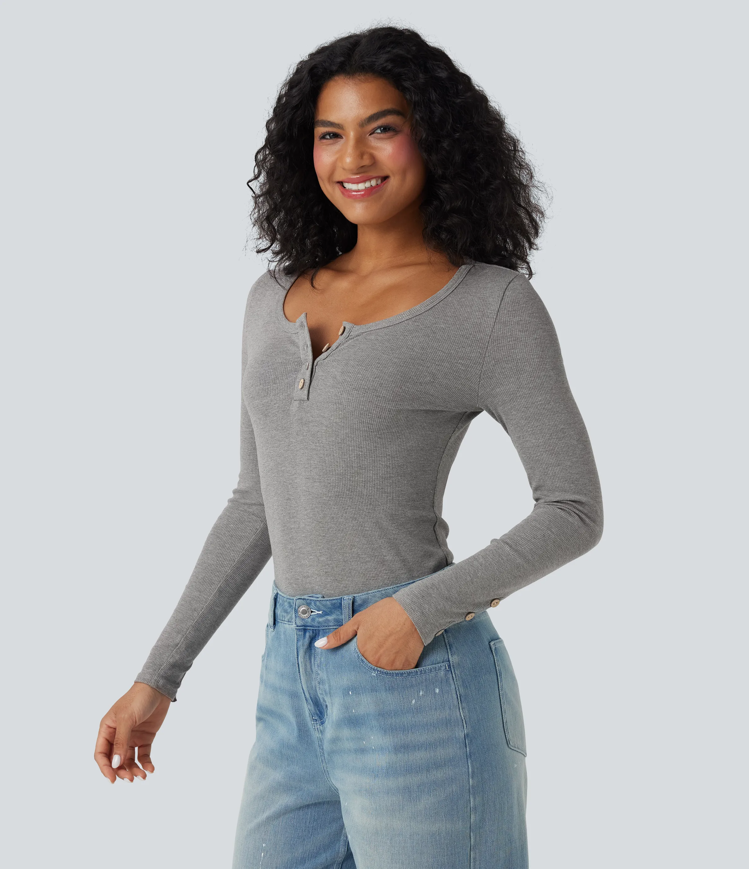 Halara Top casual ajustado de manga larga con cuello henley de punto acanalado - Gray White Mix - L sold by Halara product image thumbnail 4