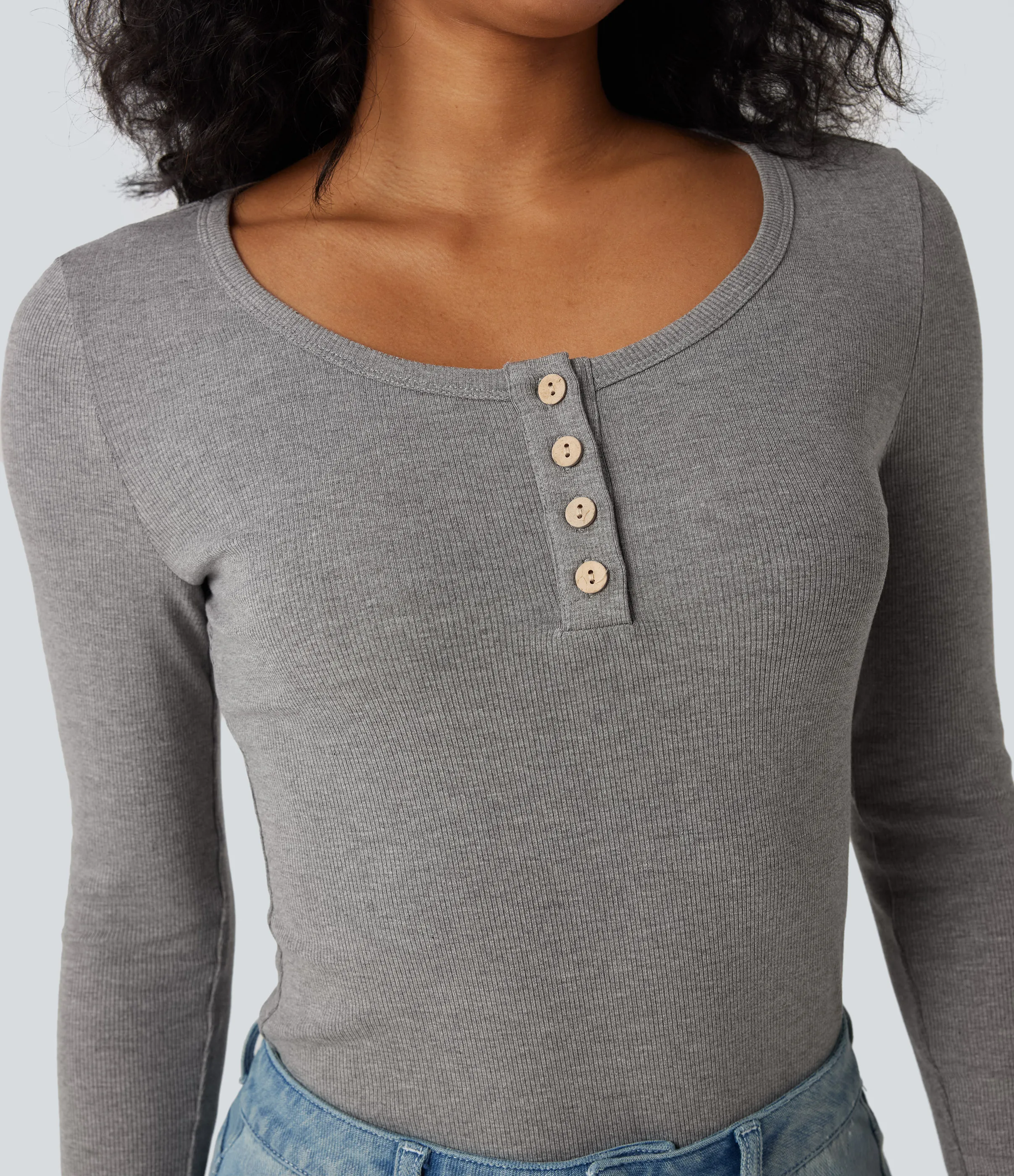 Halara Top casual ajustado de manga larga con cuello henley de punto acanalado - Gray White Mix - L sold by Halara product image thumbnail 5