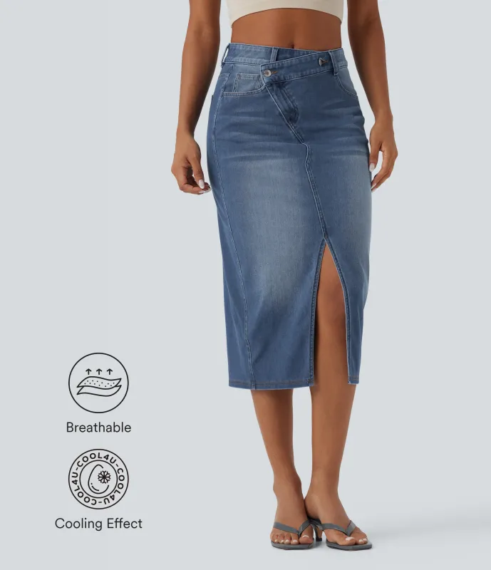 Halara Falda vaquera casual Halara Flex™ ajustada y asimétrica de tiro medio con abertura y bolsillos -  Blue Jasper Denim - XL(regular) sold by Halara