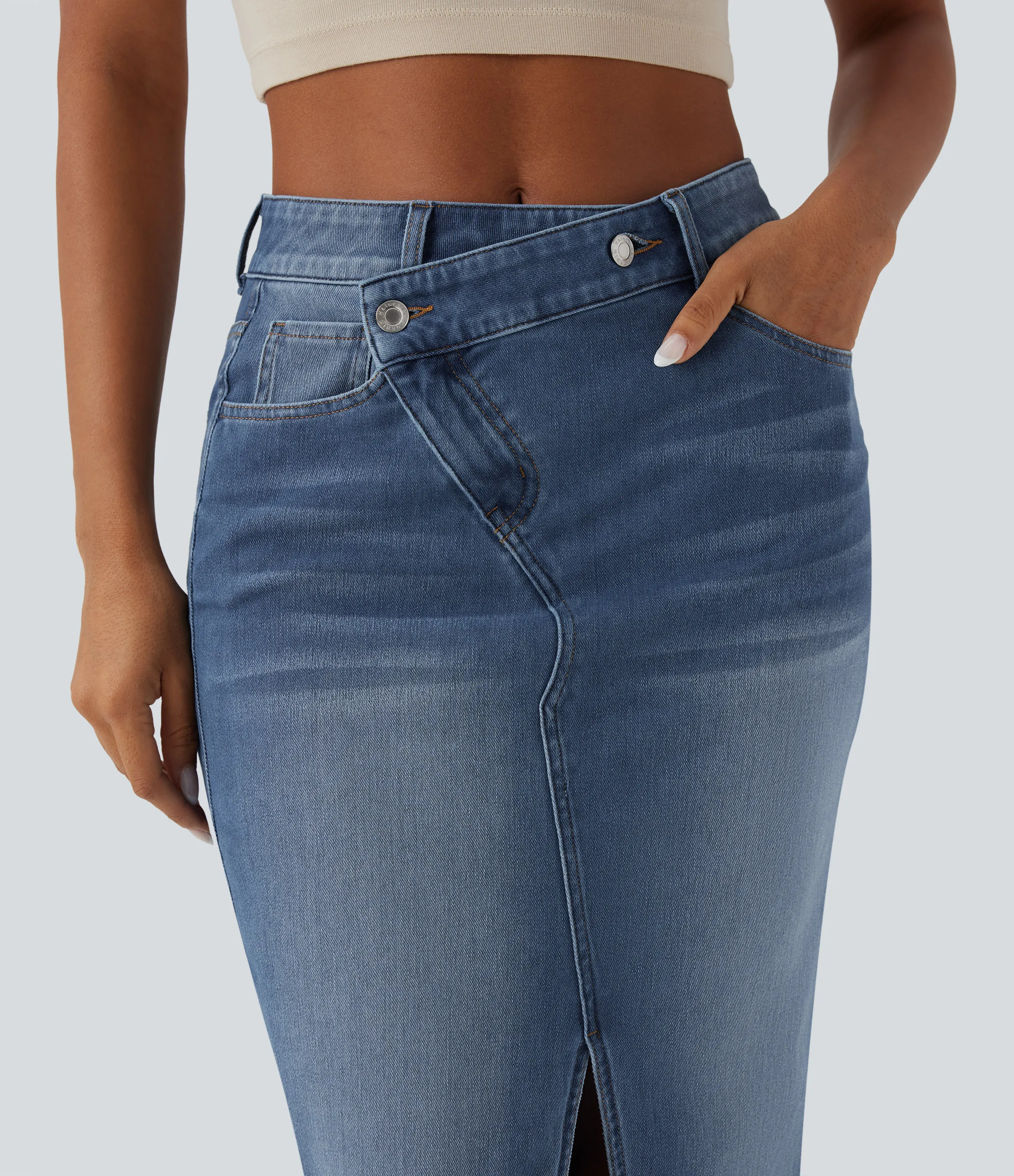 Halara Falda vaquera casual Halara Flex™ ajustada y asimétrica de tiro medio con abertura y bolsillos - Blue Jasper Denim - XL(regular) sold by Halara product image thumbnail 5