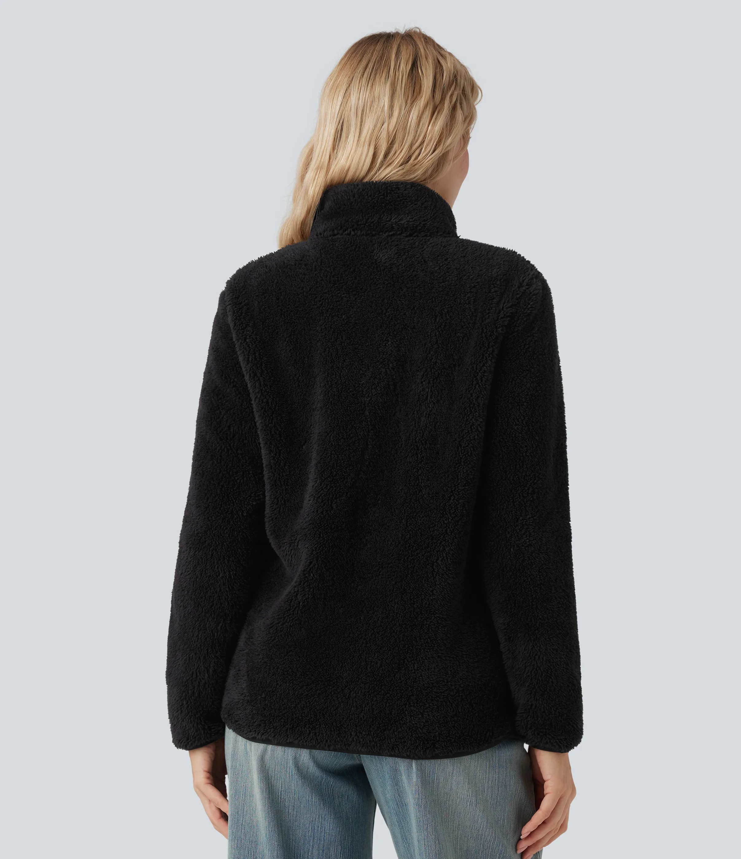 Halara Chamarra casual de sherpa con cuello alto, manga larga y bolsillos - Black - XS sold by Halara product image thumbnail 3