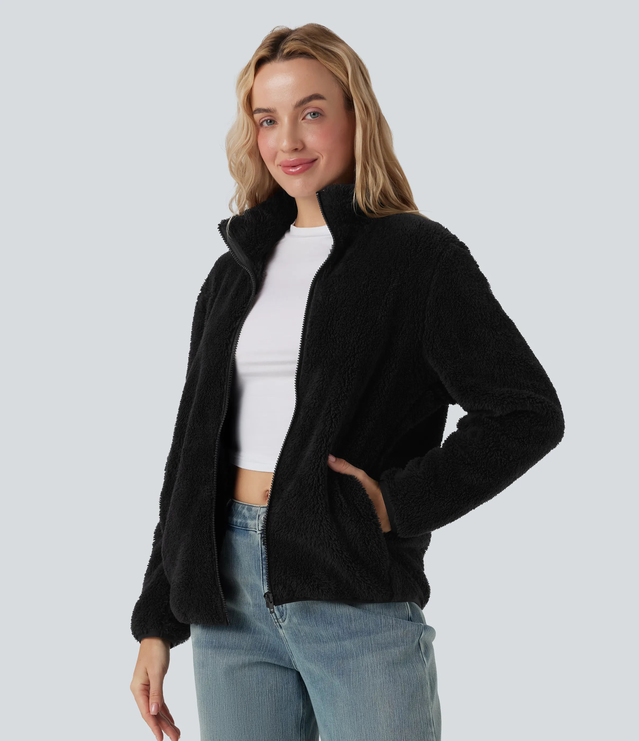 Halara Chamarra casual de sherpa con cuello alto, manga larga y bolsillos - Black - XS sold by Halara product image thumbnail 4