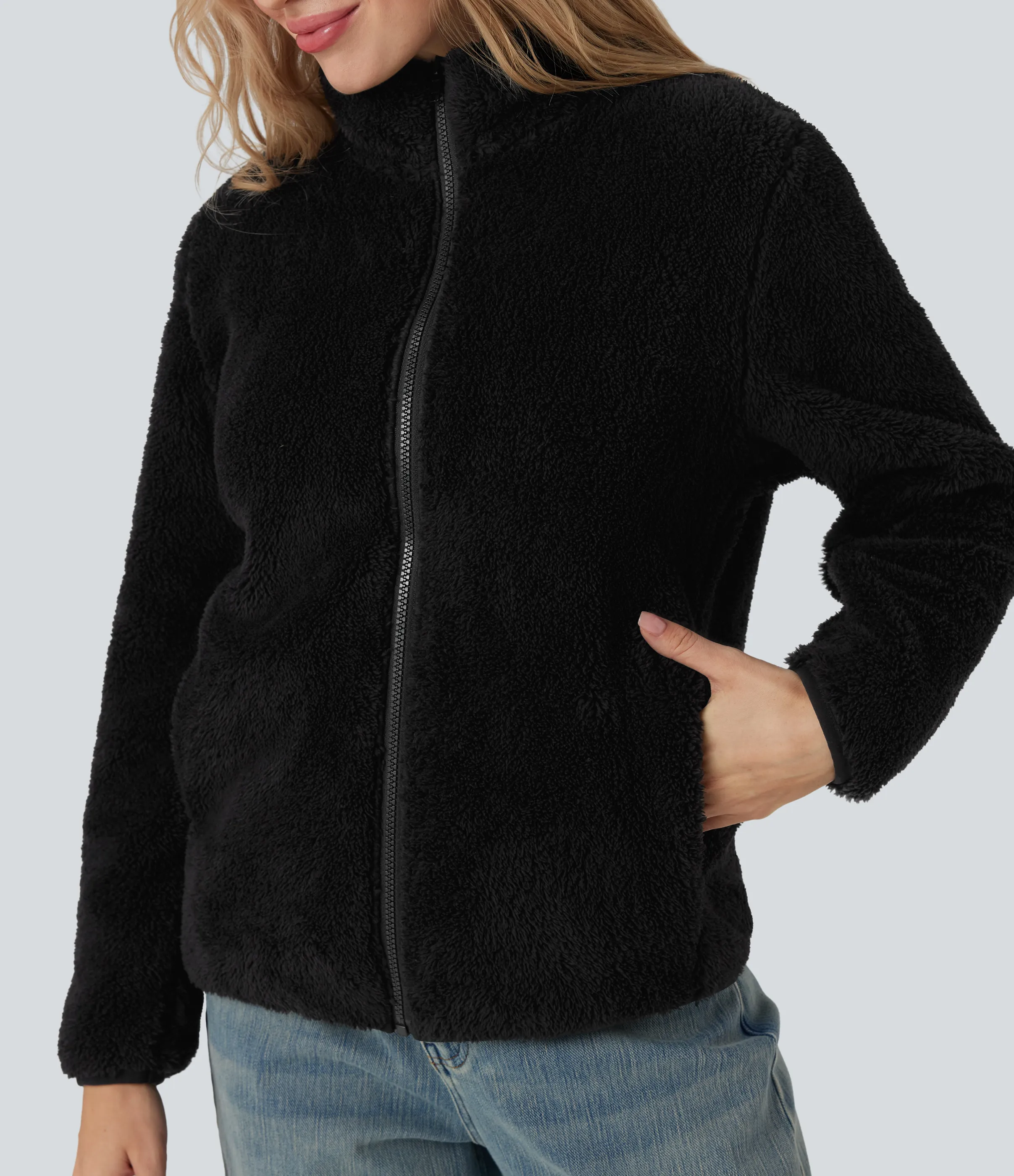 Halara Chamarra casual de sherpa con cuello alto, manga larga y bolsillos - Black - XS sold by Halara product image thumbnail 5