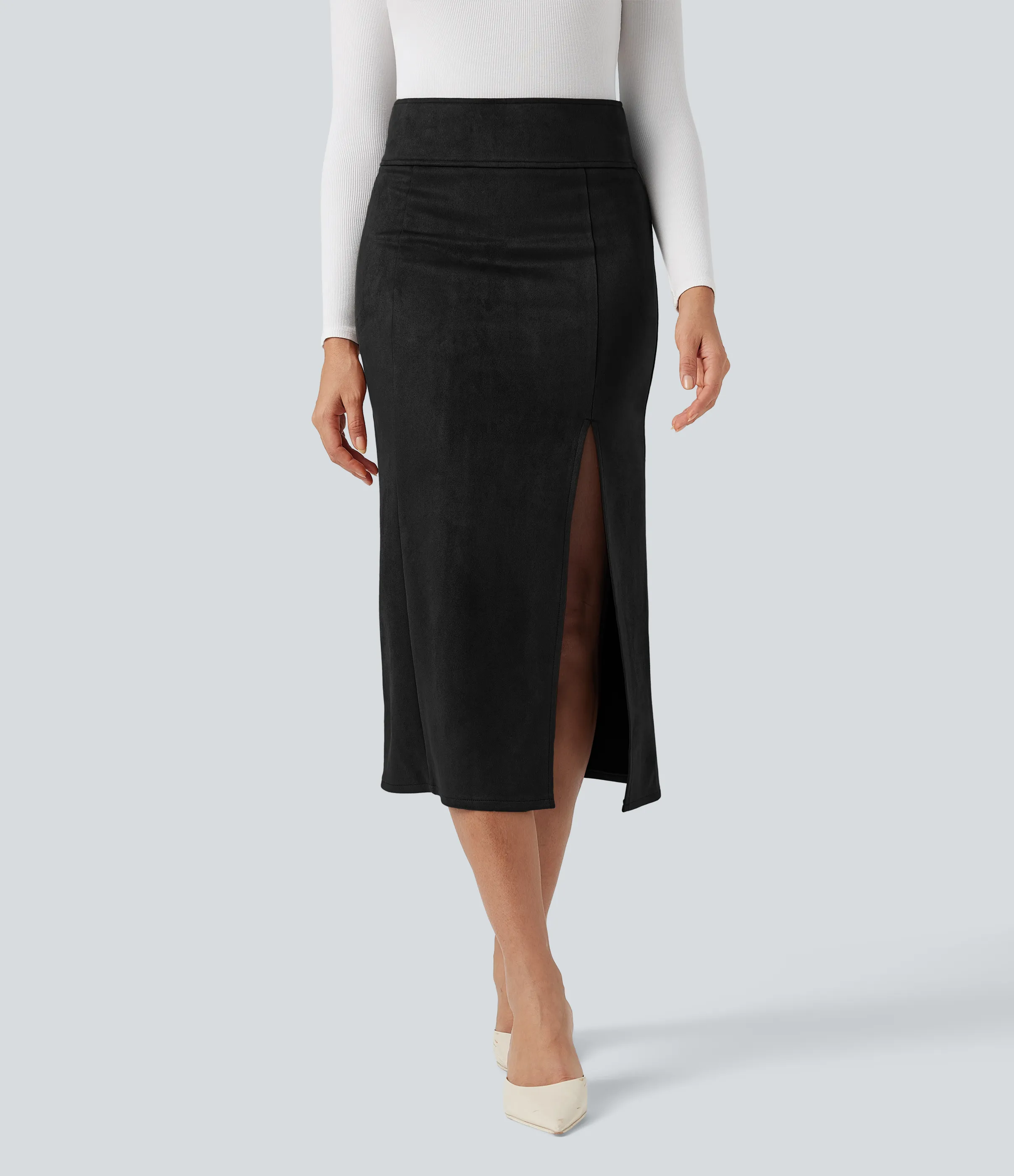 Halara Falda midi casual ajustada de ante con tiro alto - Black - M(regular) sold by Halara