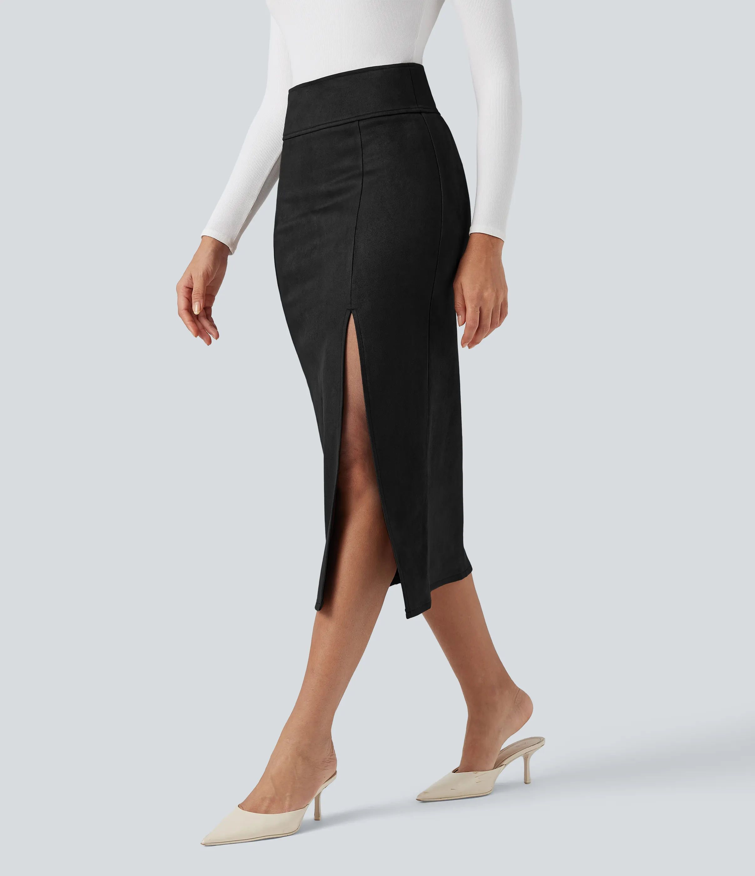 Halara Falda midi casual ajustada de ante con tiro alto - Black - M(regular) sold by Halara product image thumbnail 4