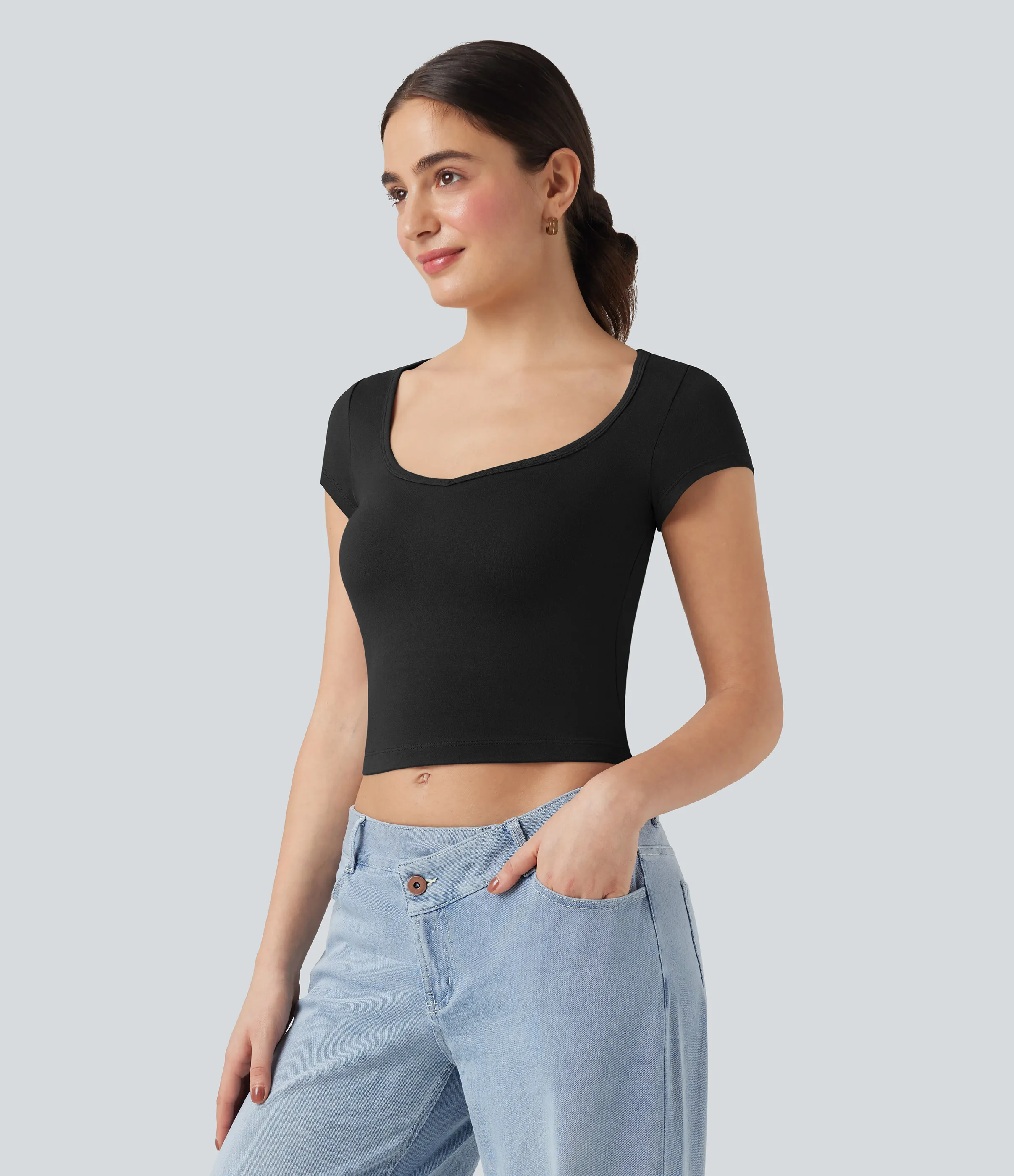Halara Camiseta casual corta de manga corta con cuello en V - Black - M sold by Halara product image thumbnail 4