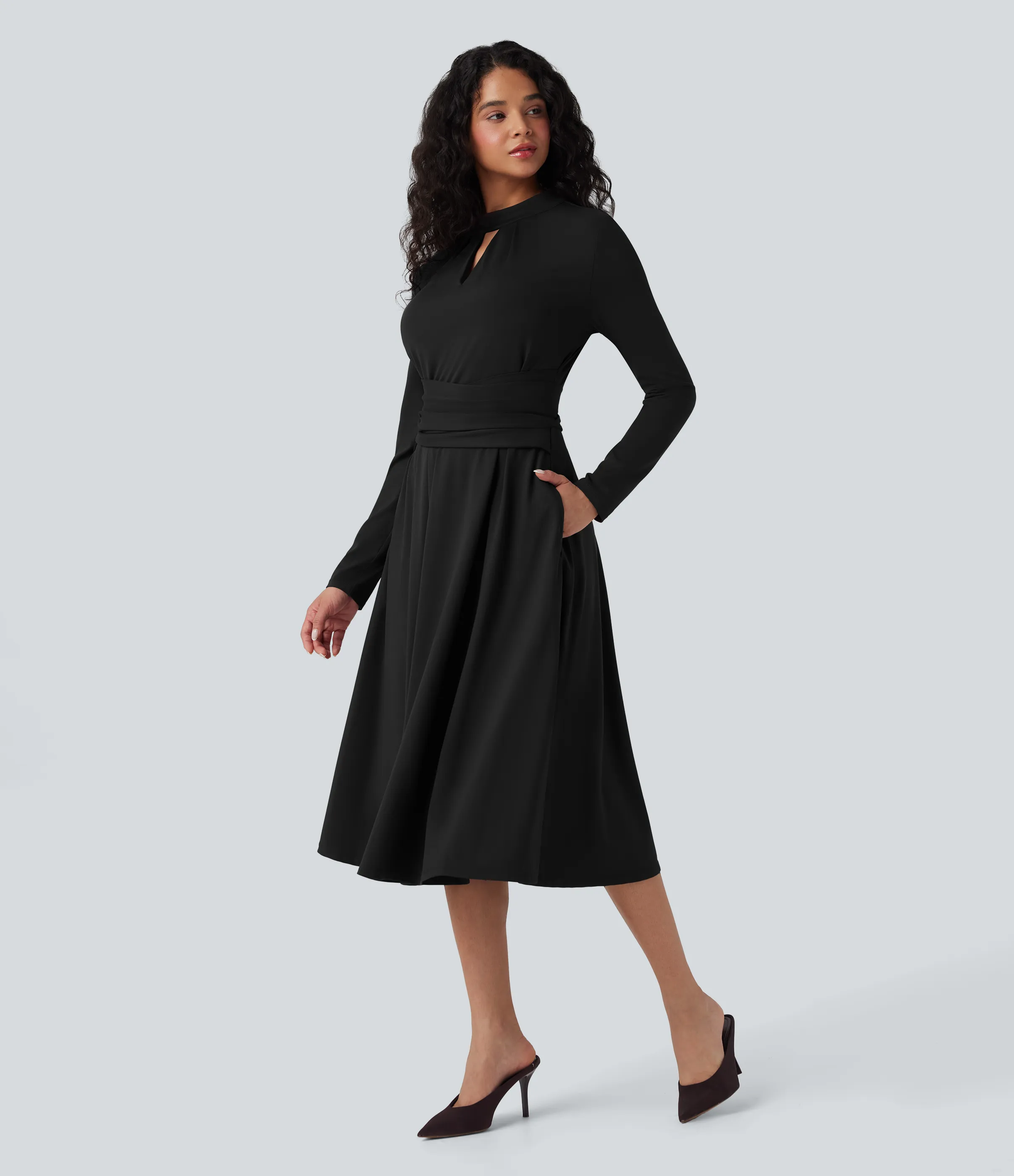 Halara Vestido de oficina midi con mangas largas, aberturas y lazo en la espalda con bolsillos - Black - S sold by Halara product image thumbnail 4