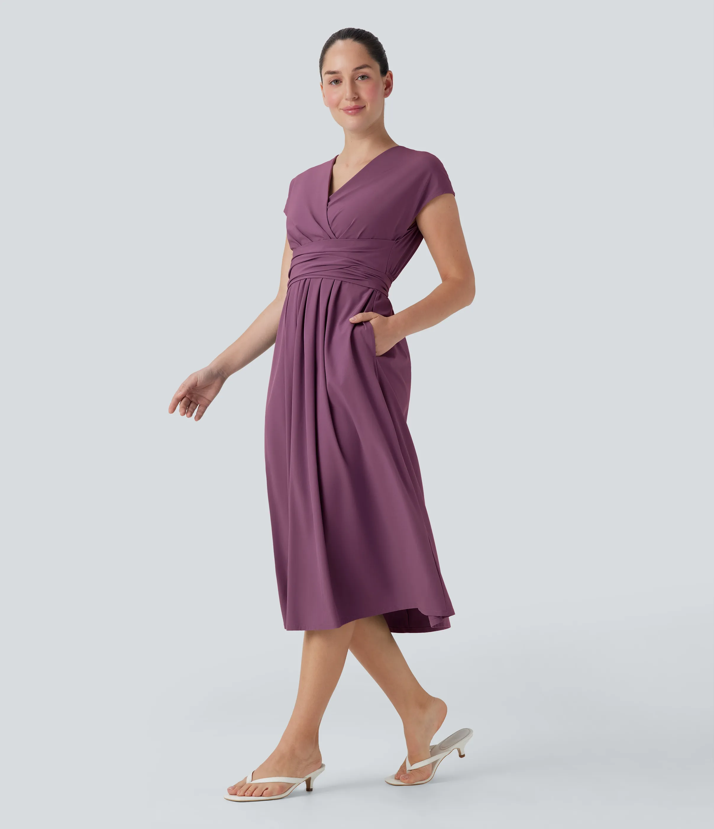 Halara Vestido casual midi Breezeful™ de secado rápido con cuello en V, manga corta, bolsillo lateral y lazo en la espalda - Amaranth - XL sold by Halara product image thumbnail 4