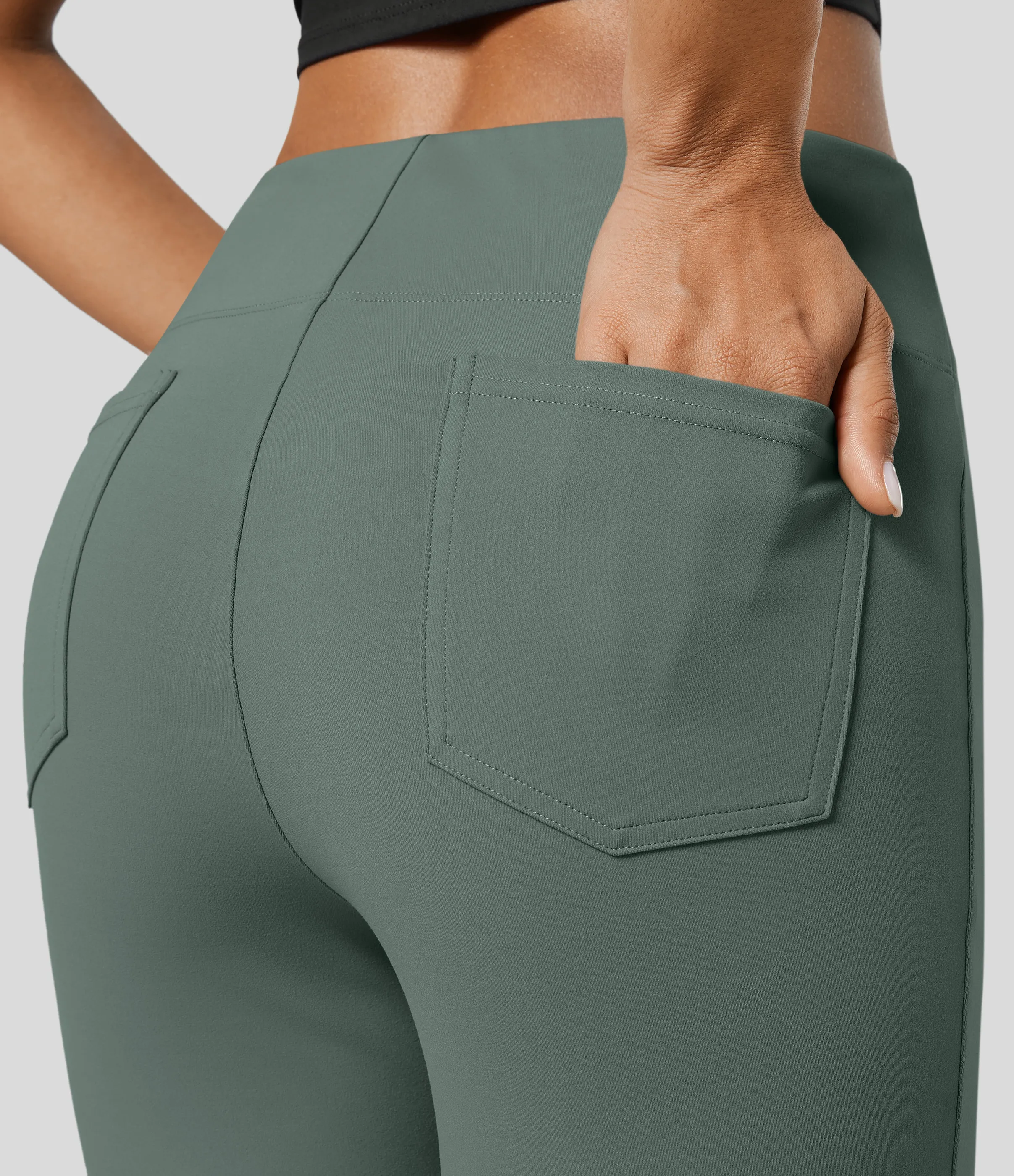 Halara Pantalón Halara Flex™ oficina tiro alto bolsillo trasero ligero acampanado - Duck Green - L(petite) sold by Halara product image thumbnail 5