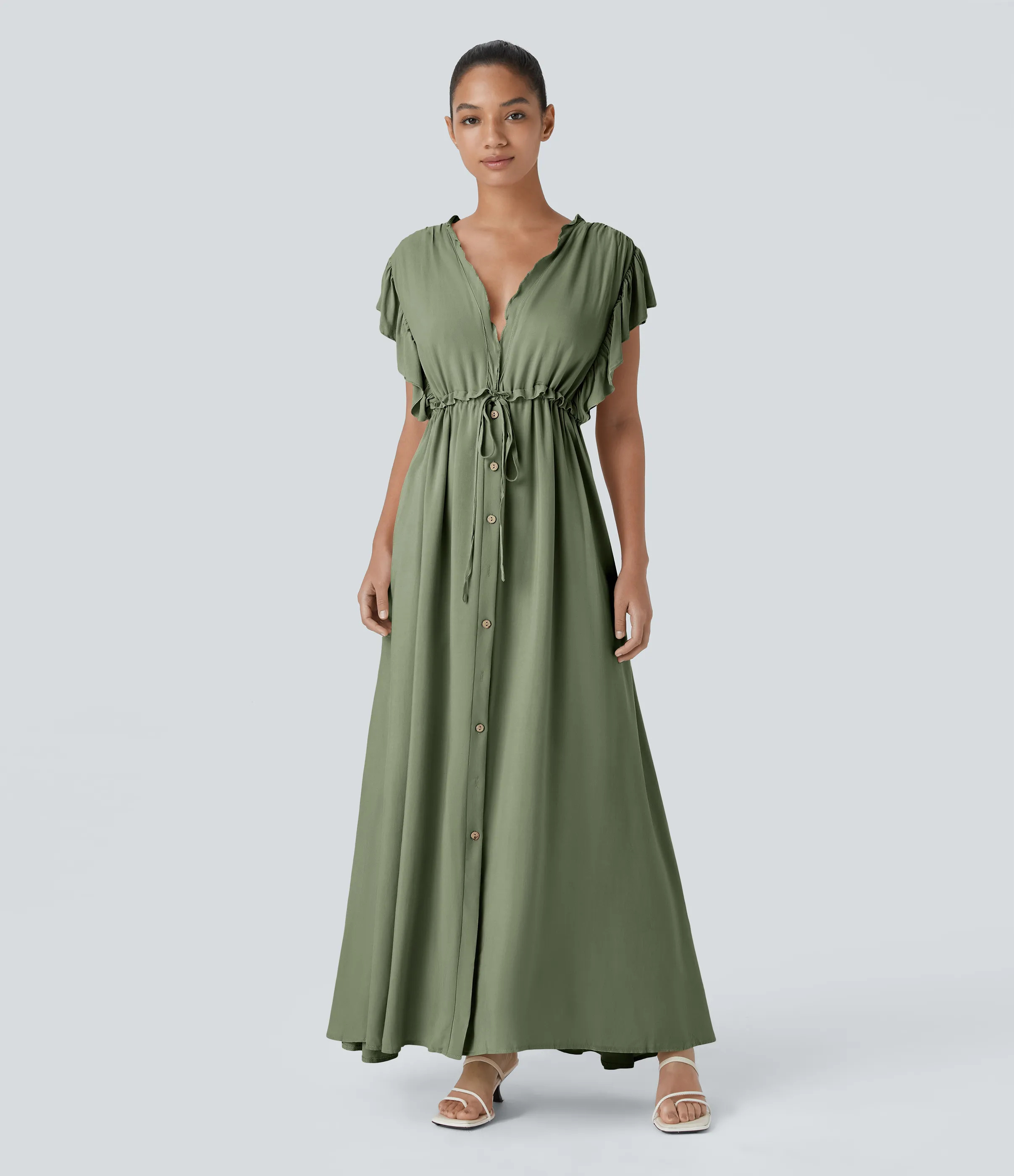 Halara Vestido largo fluido cuello V profundo manga mariposa sin espalda botón cordón bolsillo lateral - Grass Light Green - XS sold by Halara product image thumbnail 2