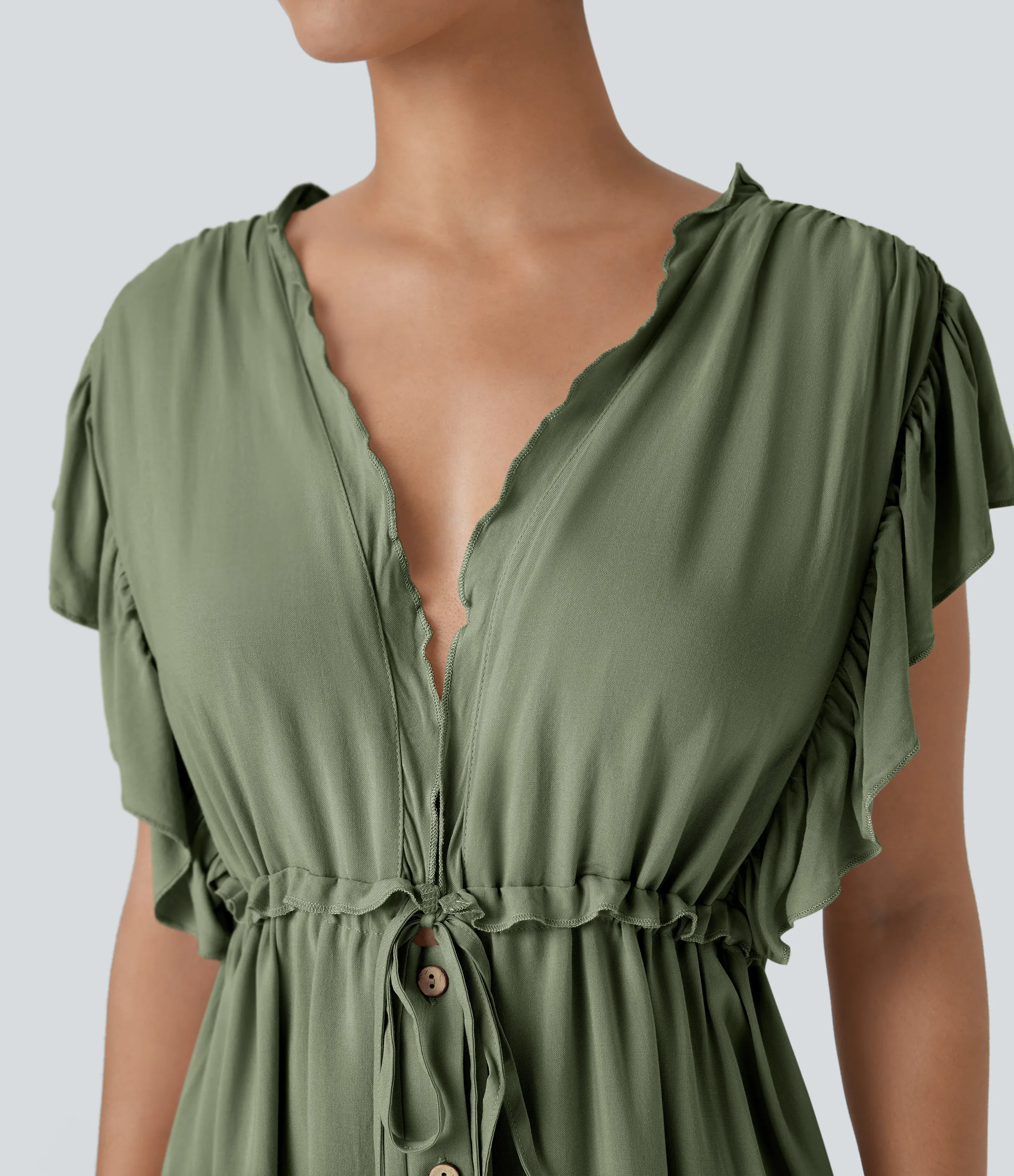 Halara Vestido largo fluido cuello V profundo manga mariposa sin espalda botón cordón bolsillo lateral - Grass Light Green - XS sold by Halara product image thumbnail 5