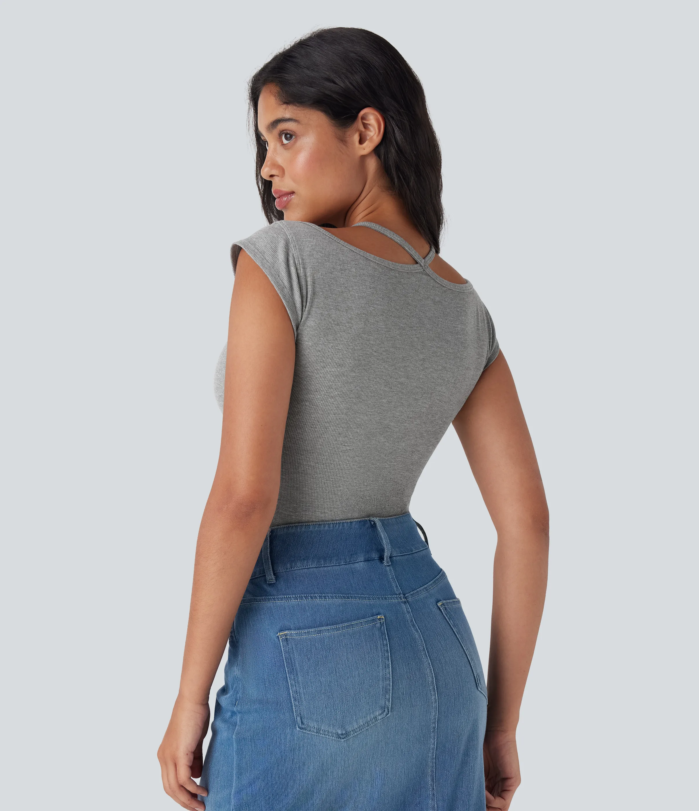 Halara Top encaje acanalado manga corta cuello halter súper elástico agradable para piel - Fog Gray - S sold by Halara product image thumbnail 3