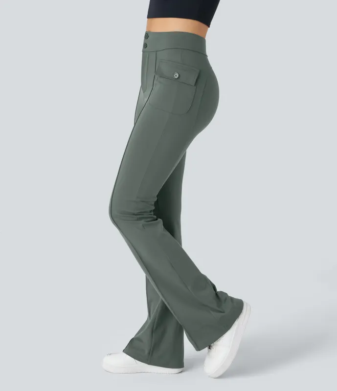 Halara Pantalón cargo acampanado bolsillo solapa lateral botón tiro alto - Deep Aquamarine - L(regular) sold by Halara