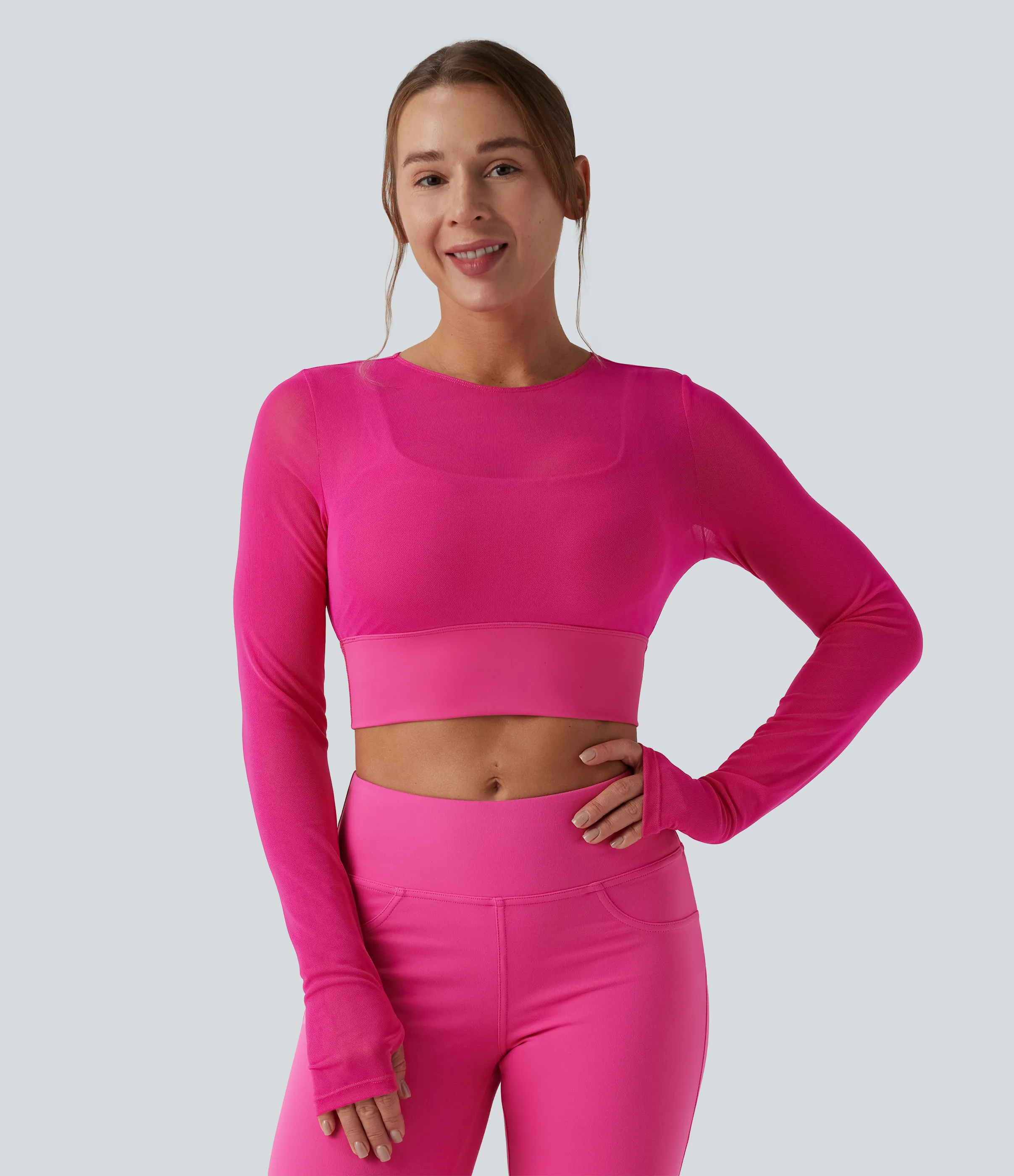 Halara Top deportivo de yoga 2 en 1 de manga larga con abertura para el pulgar y malla en contraste - Magenta - M sold by Halara product image thumbnail 3