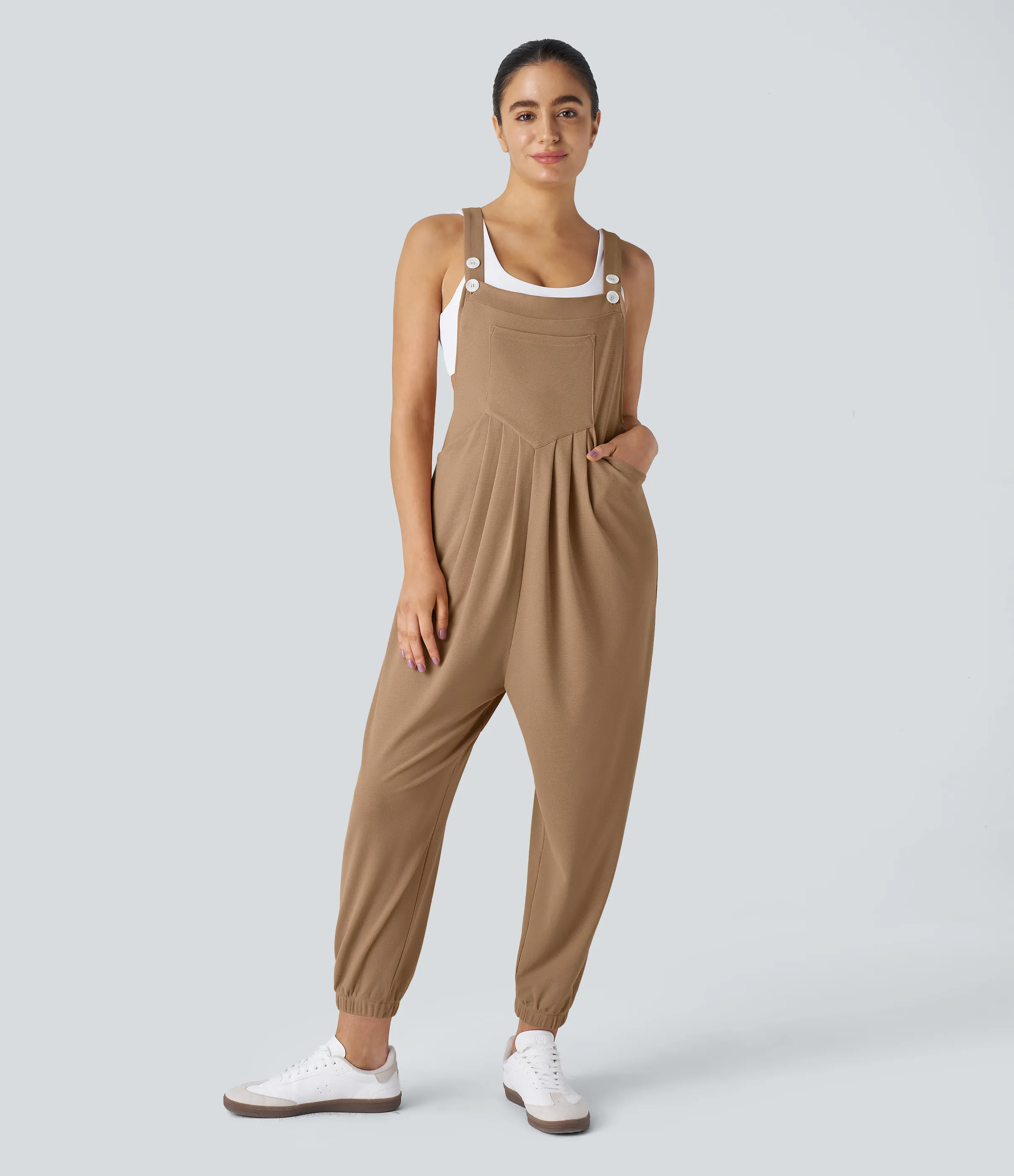 Halara Overol jogger botón correa ajustable bolsillo múltiple gofre plisado - Macchiato - S(regular) sold by Halara