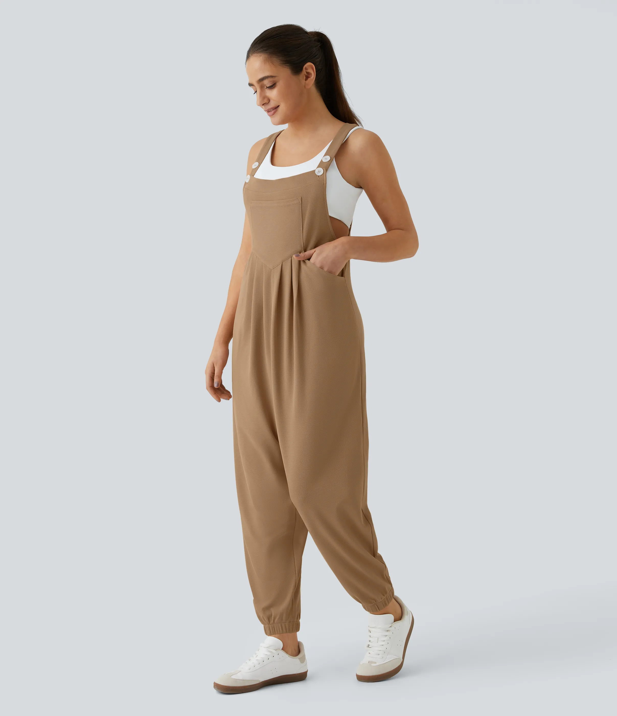 Halara Overol jogger botón correa ajustable bolsillo múltiple gofre plisado - Macchiato - S(regular) sold by Halara product image thumbnail 4