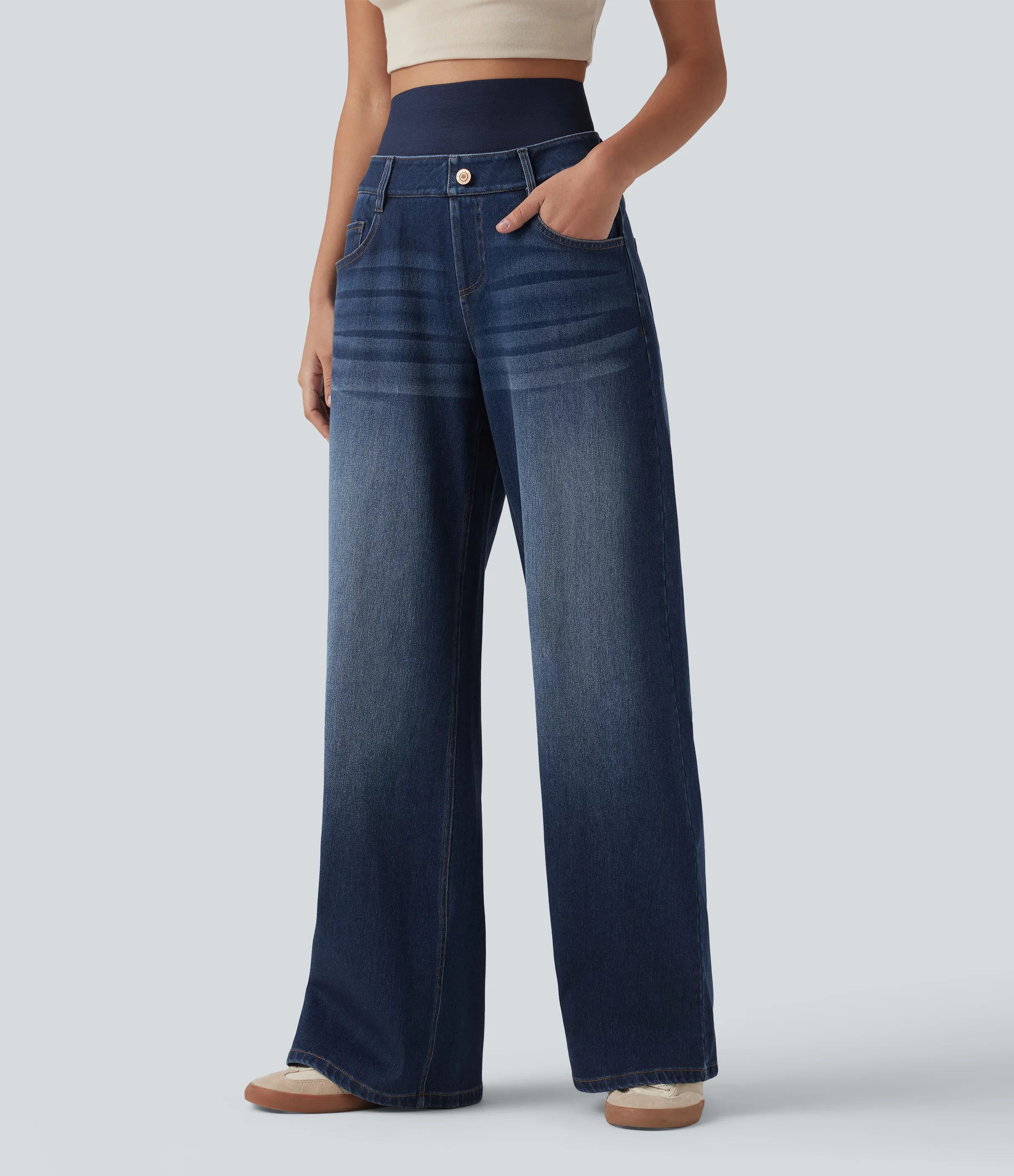 Halara Jeans casuales anchos Halara Flex™ lavados de tiro alto con control de abdomen con bolsillos - Pageant Blue Denim - XL(regular) sold by Halara